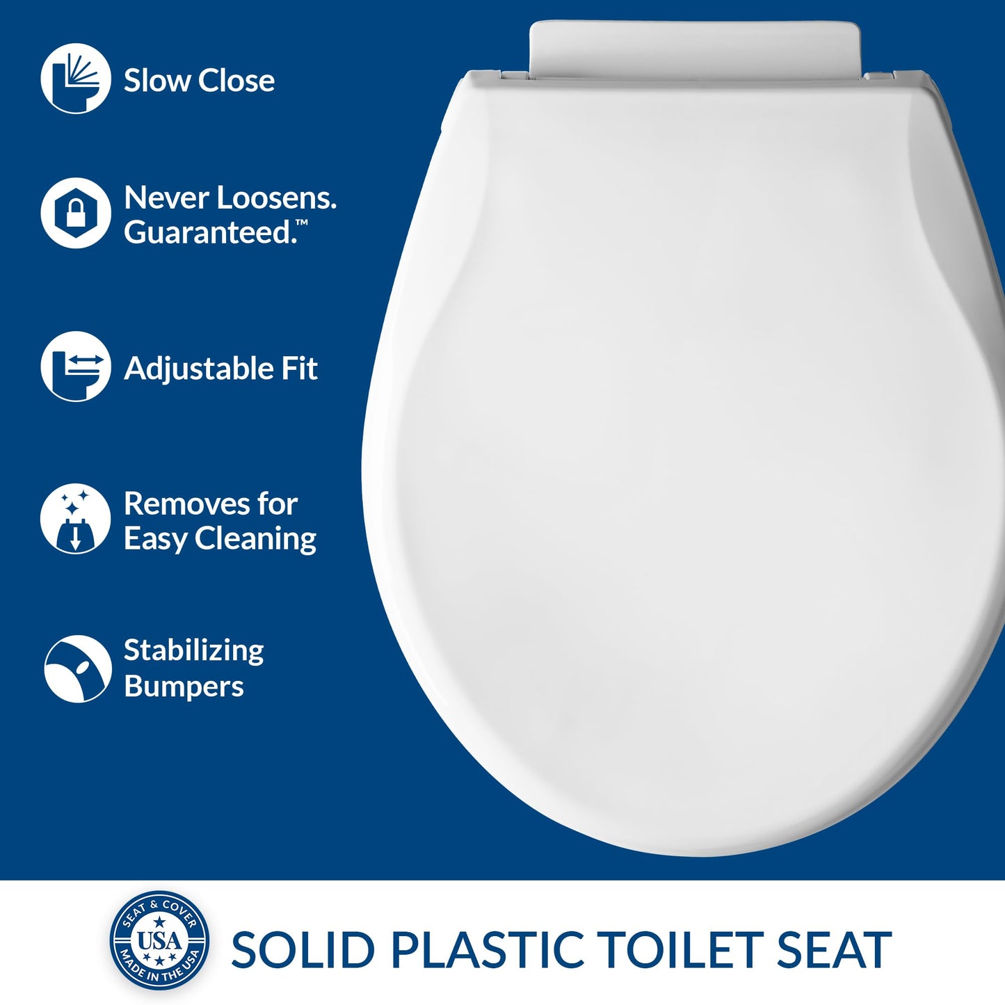 Mayfair Preston Easy to Clean Single Hinge Toilet Seat, Modern Slow Close Plastic Toilet Seat, Made in USA, Round, White