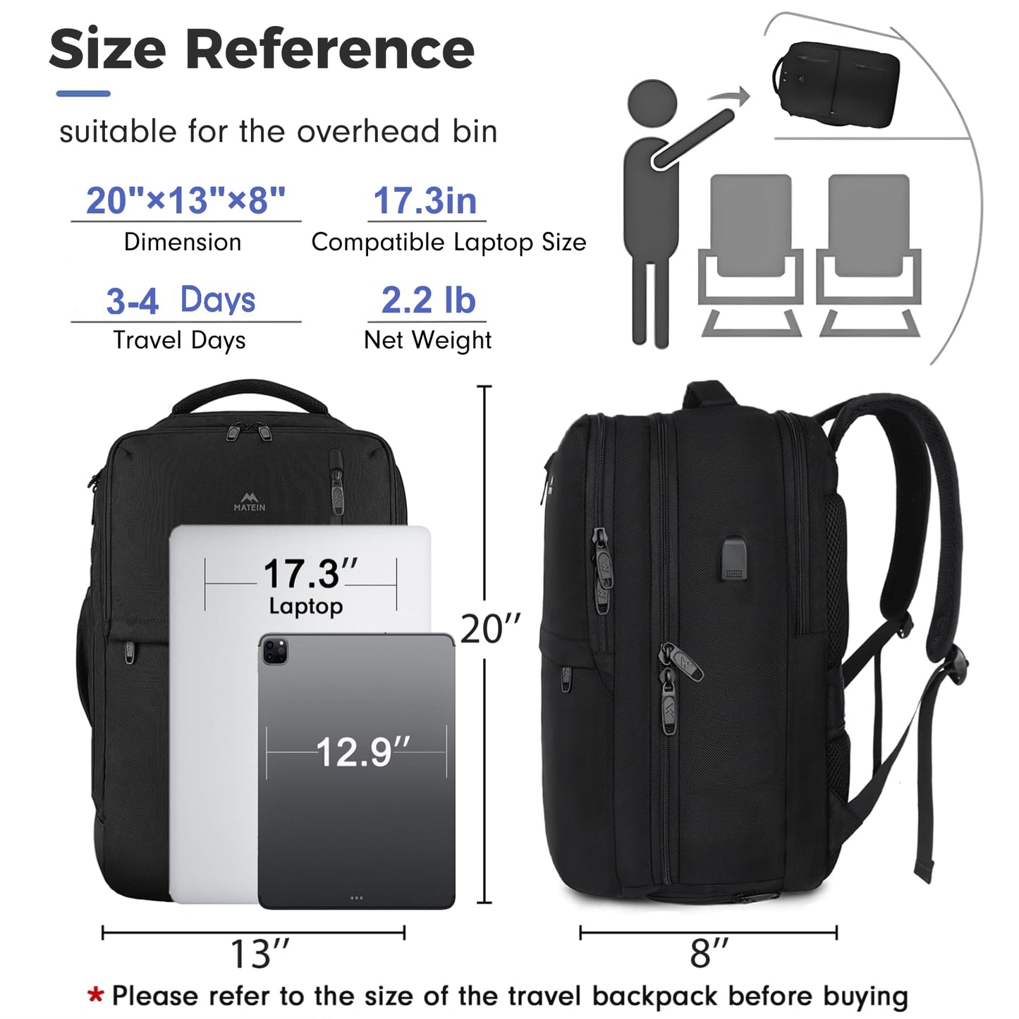 MATEIN Carry on Backpack, Extra Large 40L Flight Approved Travel Laptop Backpack with USB Port, 17 Inch Water Resistant Luggage Computer Daypack College Overnight Weekender Bag for Men & Women, Black