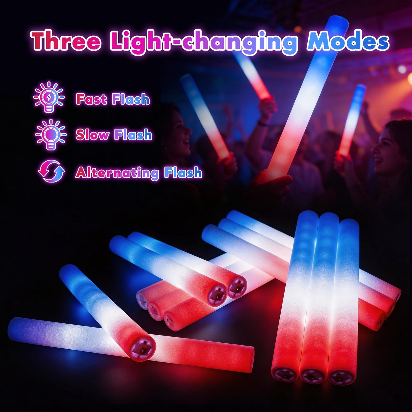 SHQDD 72 PCS 4th of July Foam Glow Sticks Bulk , Patriotic Red White Blue Glow in the Dark Foam Sticks, Light up Supplies for Kids & Adults, Glow Party Accessories & Decorations for Independence Day