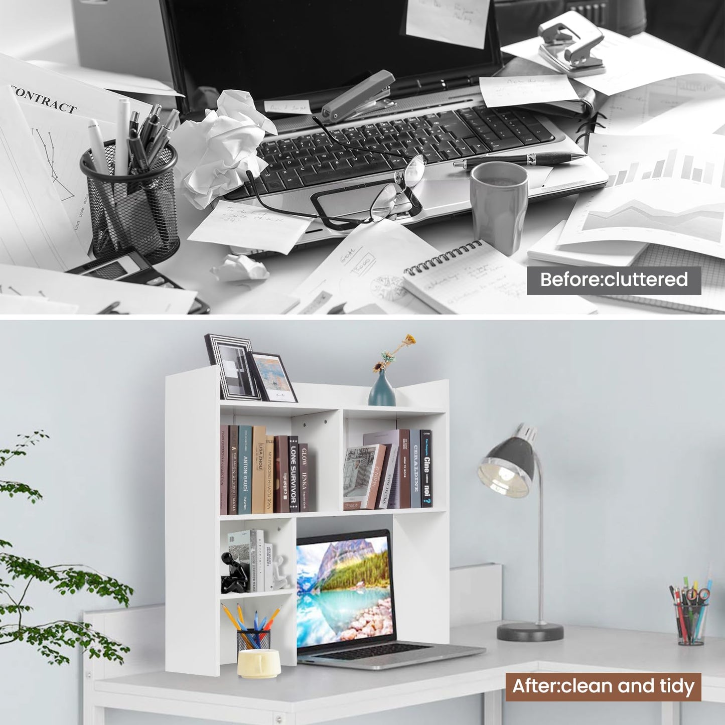 storenization Desktop Bookshelf 36" Tall, White Desk Hutch for Dorm Computer Desk, 4-Tire Wood Desk Shelf Storage Organizer for Office Home