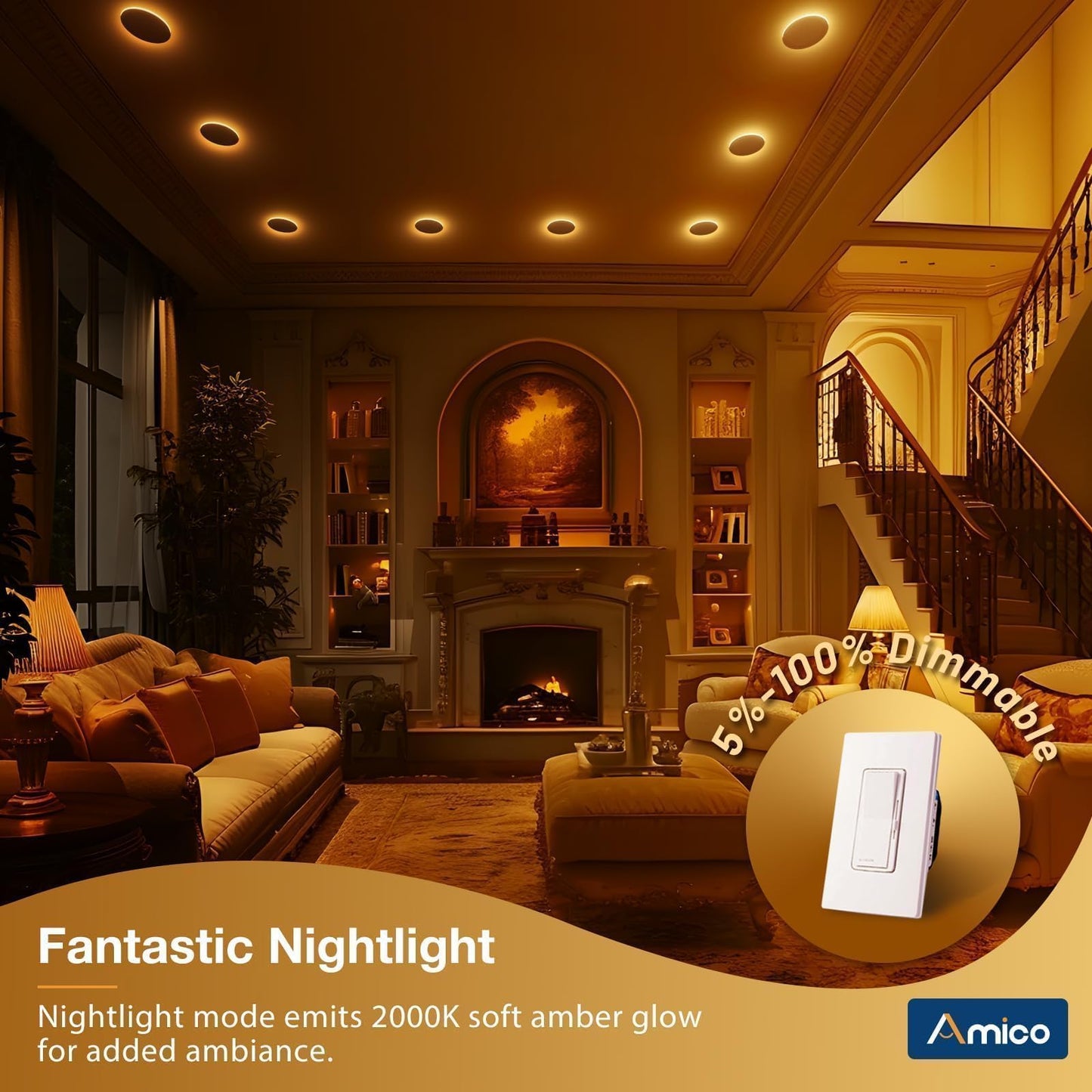 Amico 6 Pack 4 Inch 5CCT LED Recessed Ceiling Light with Night Light, 2700K/3000K/3500K/4000K/5000K Selectable Ultra-Thin Recessed Lighting, 10W=90W, 700LM, Dimmable Canless Wafer Downlight - ETL&FCC