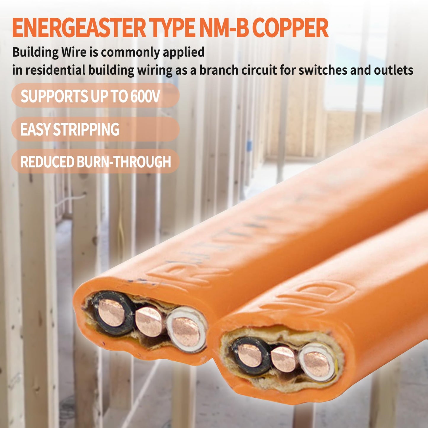 Energeaster 10/2 NM-B Wire,with Ground Indoor Electrical Copper Wire，10 Gauge Wire 2 Conductor Non-Metallic Sheathed Copper Cable(50FT Orange)