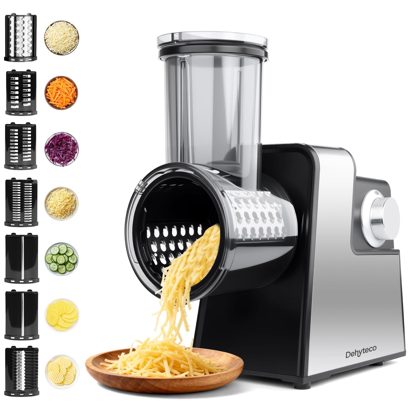 Electric Cheese Grater 7 in 1, Stainless Steel Salad Shooter, Food Slicer Shredder Chopper with Rotary Switch, 300W, for Block Cheese Vegetables Cucumber Carrots