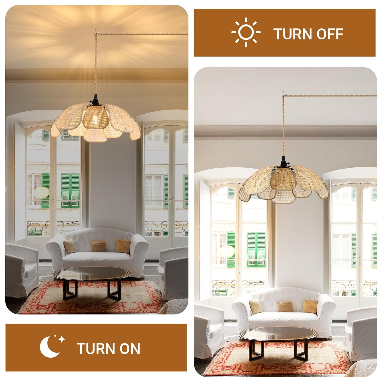 Haolaike Boho Plug in Chandeliers Rattan Hanging Lights Flower Pendant Light with On/Off Switch 15ft Hemp Rope Cord Handwoven Lampshade Bedroom Flower Hanging Lamp Fixture for Dining Room Living Room