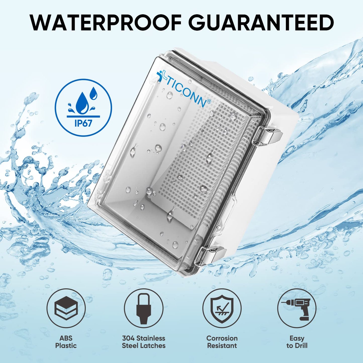 TICONN Waterproof Electrical Junction Box IP67 ABS Plastic Enclosure with Hinged Cover with Mounting Plate, Wall Brackets, Cable Glands (Clear, 13.8"x9.8"x5.9")