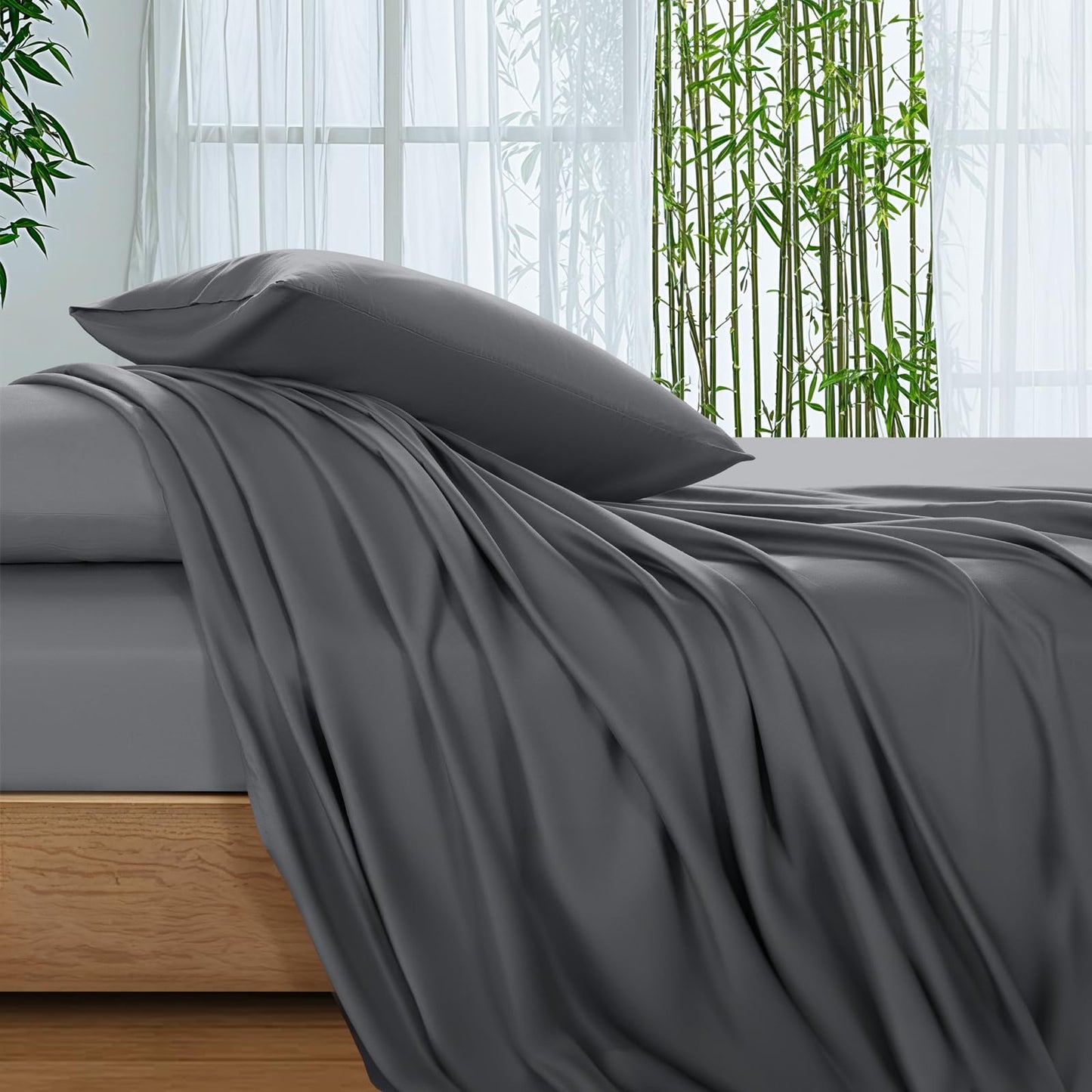 SONORO KATE 100% Viscose Derived from Bamboo_Sheets Cal King Size, Ultra Breathable & Cooling Bed Sheets for Hot Sleepers, Hotel Luxury Silky Bedding Sheets, 16" Deep Pocket - 4PC (Dark Grey,Cal King)
