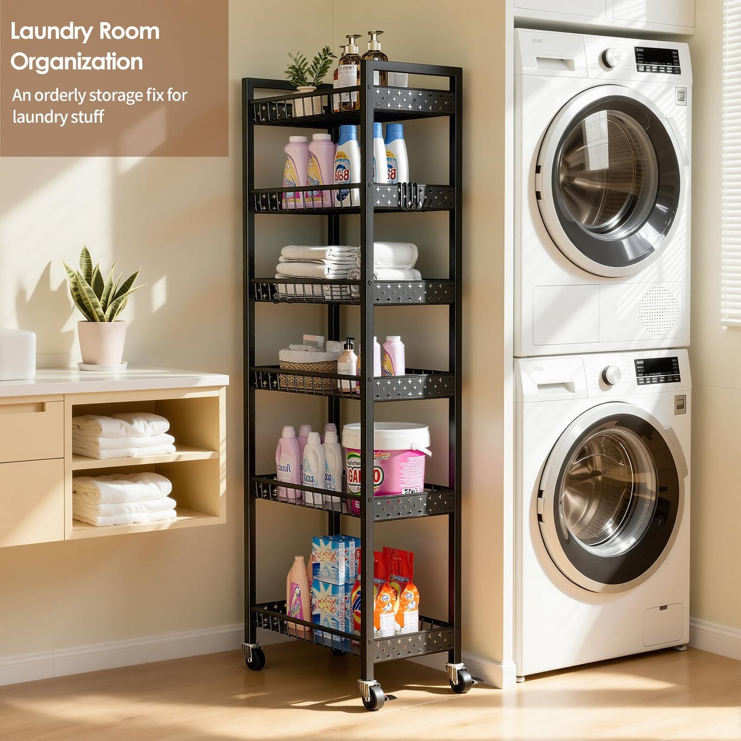 Kssiaz 6 Tier Slim Storage Cart, Narrow Rolling Cart with Wheels, Narrow Mobile Utility Shelf Unit Organizer for Kitchen, Bathroom, Laundry Room, Living Room, Small Places, 10in(W), Black