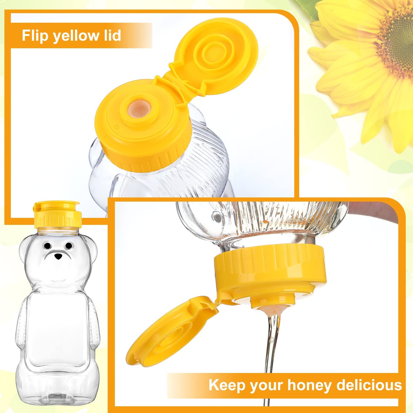 Thenshop 36 Pcs Honey Bear Bottle,Plastic Honey Squeeze Bottle,Honeybear Squeeze Jars,Cute Empty Container with Yellow Flip Lid for Syrup Sauce,Juice Storing and Dispensing, Transparent(350 Ml/ 12 oz)