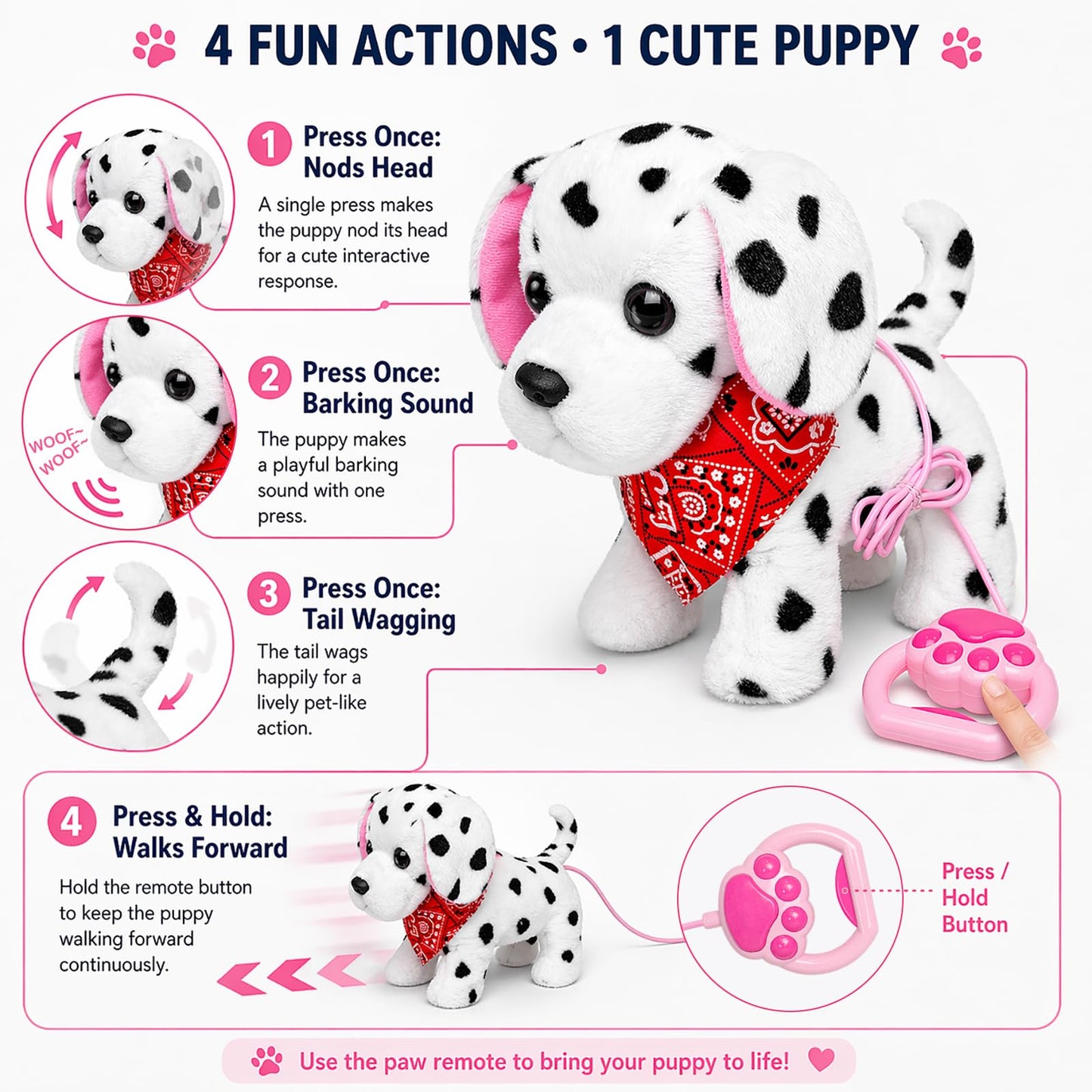 YH YUHUNG Walking and Barking Dalmatian Puppy Dog Stuffed Animated with Remote Control Leash,Head Nod,Walking,Barking,Tail Wagging,Electrnoic Pets Puppy Plush Toy for Kids,Boys and Girls Gift