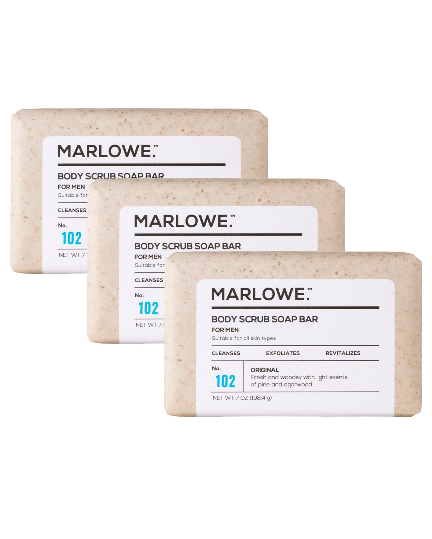 MARLOWE. No. 102 Men's Body Scrub Soap 7 oz (3 Bars) Fresh Original Woodsy Scent, Exfoliating Bar for Men with Natural Ingredients, Apricot Seed Powder, Shea Butter, Olive Oil, Green Tea Extracts