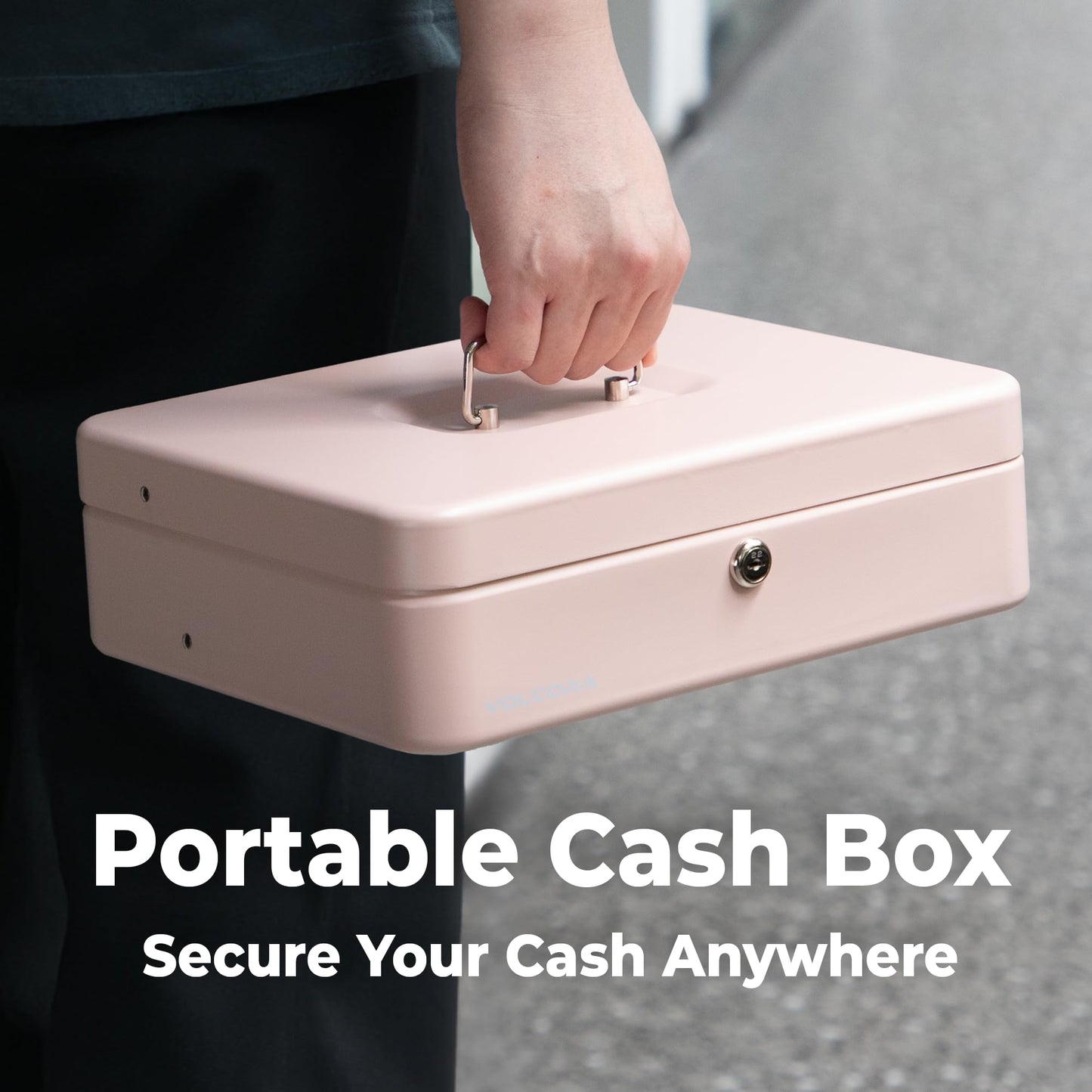 Volcora Large Cash Box with Key Lock, Metal Money Box for Cash, Portable Locking Safe Box with Money Tray, Durable Money Saving Organizer for Yard Sale, Garage Sale, Small Business, Rose Gold