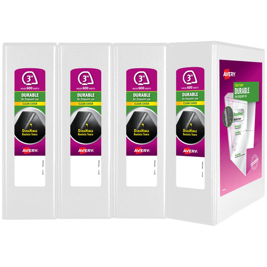 Avery 3 Ring Binder 3 Inch Slant Rings Durable View, White Binder for Home, Office, or School Use, 4 Pack (17030)