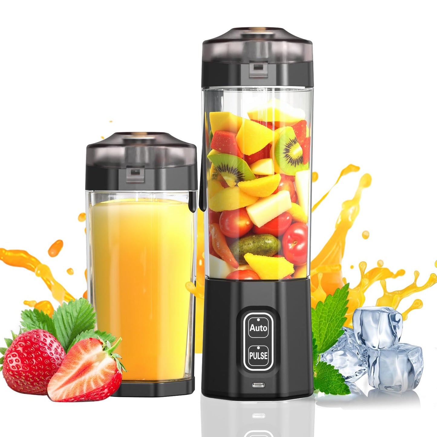 Portable Blender, 360 Watt Personal Blenders with Pulse Mode, Shakes and Smoothies, 6000mAh, BPA Free 24 Oz Blender Cup with 6 Blades and Lid, USB-C, Self Cleaning Portable Juicer For Travel, Black