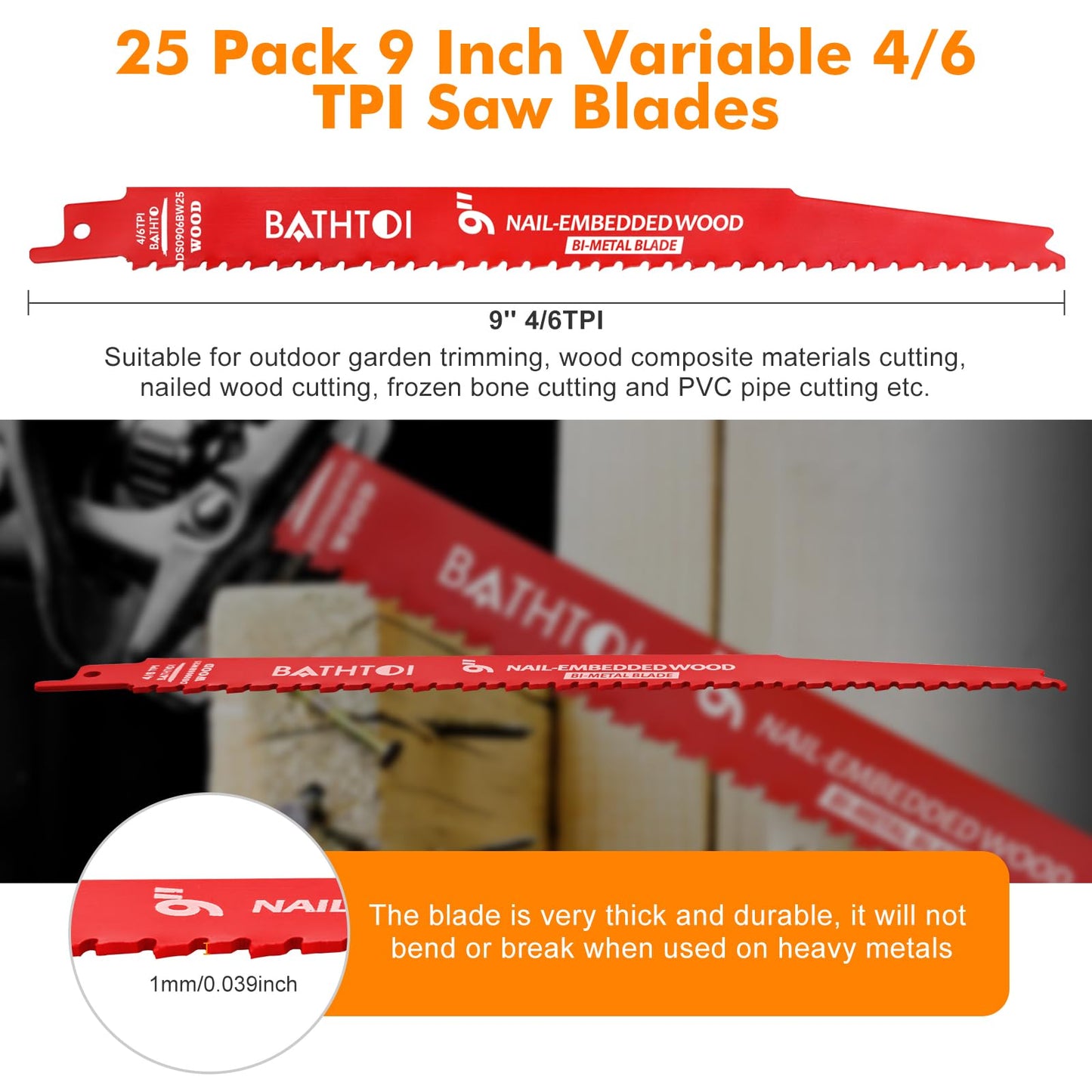 25 Pack 9 Inch 4/6 Tpi Reciprocating Saw Blades for Wood and Nail-Embedded Wood Cutting, Bi-Metal Sawzall Blades with 8% Cobalt for Longer Life and Faster Cutting Speed