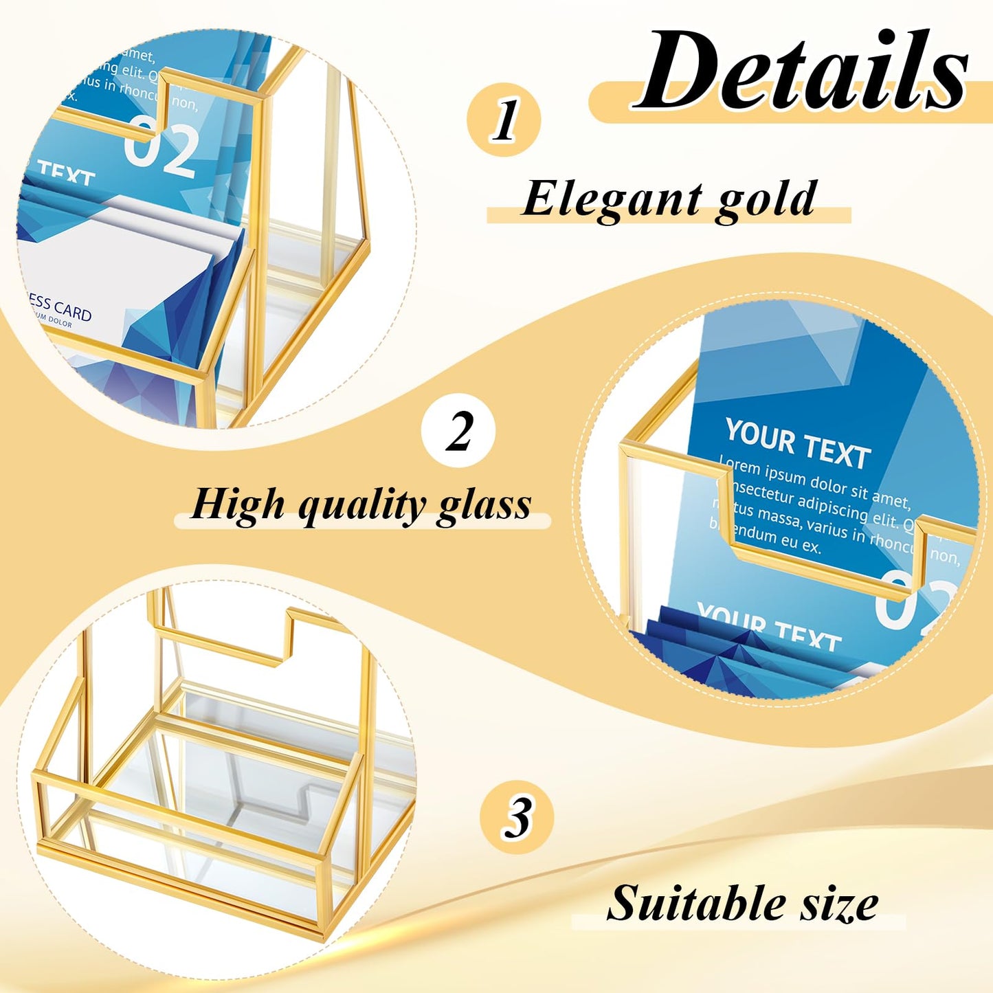 Fuyoooo 2 Pcs 4 Inches Gold Glass Brochure Holder Countertop Literature Trifold Pamphlet Stand with Business Name Card Holder Flyer Brochure Display for Magazine, Booklets, Menu, Journals Display
