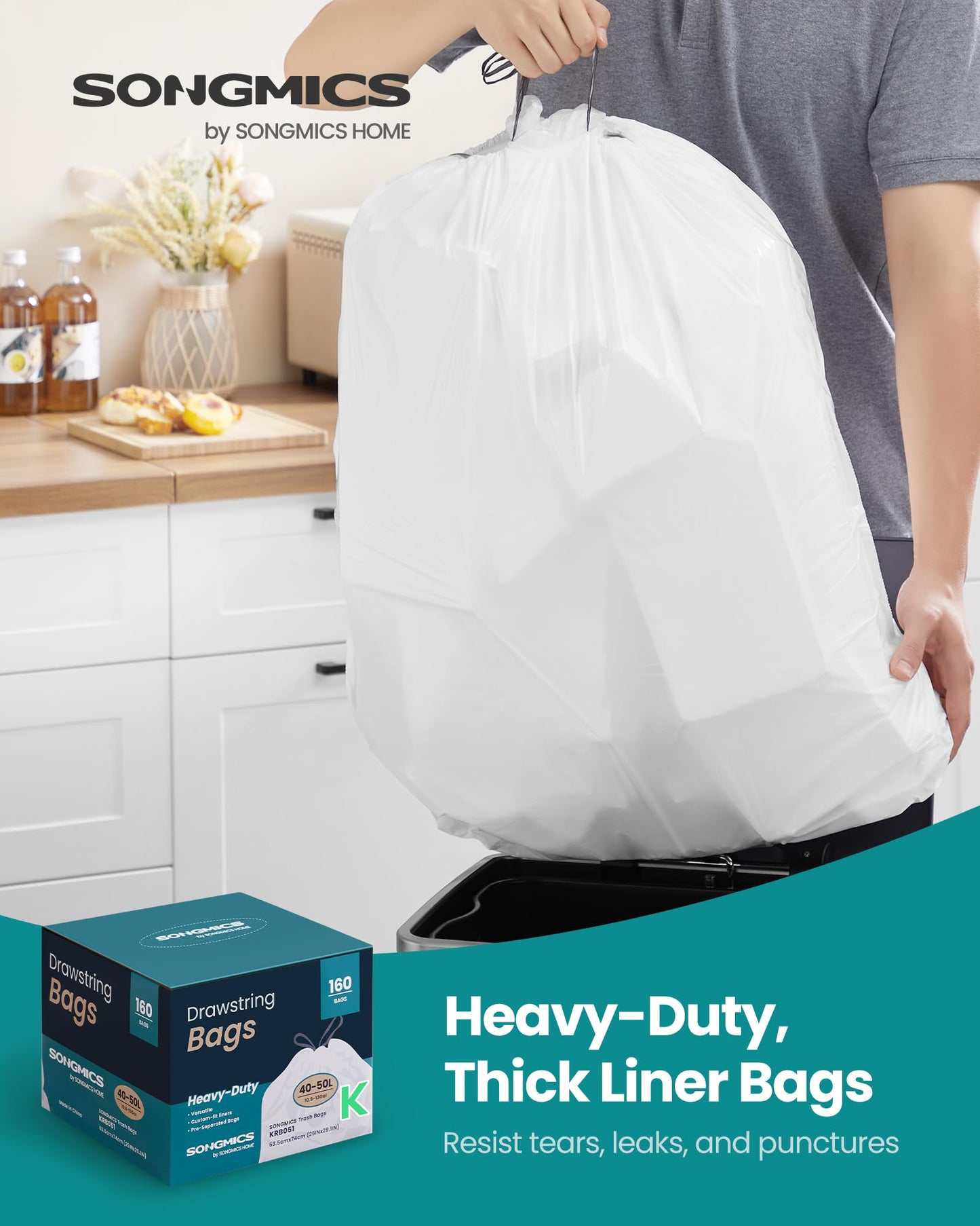 SONGMICS Trash Bags, Drawstring Kitchen Garbage Bags, Pre-Separated, Quick-Dispense Box, for 13-Gallon (50 L) Trash Cans, Liner Code K, 4 Rolls, 160 Count, White UKRB051A04
