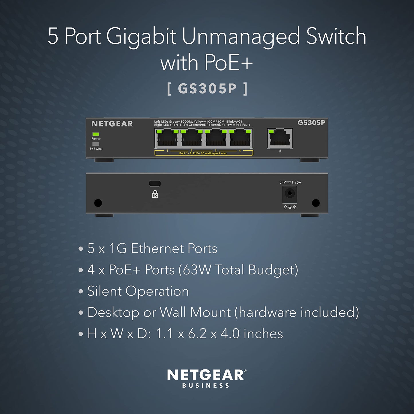 NETGEAR 5-Port Gigabit Ethernet Unmanaged PoE Switch (GS305P) - with 4 x PoE+ @ 63W, Desktop or Wall Mount
