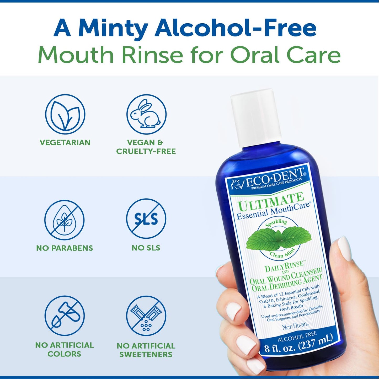 Eco-Dent Alcohol-Free Mouthwash, Mint - Ultimate Essential MouthCare, Oral Care Mouth Wash for Adults, Baking Soda Mouth Rinse with CoQ10/Herbs/Essential Oils, 8 Fl Oz (Pack of 6)