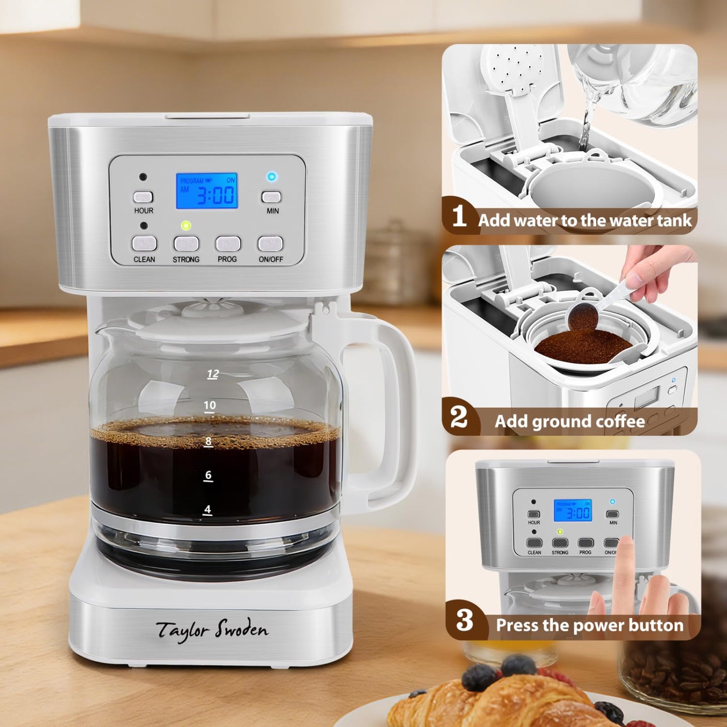 Taylor Swoden 12-Cup Programmable Coffee Maker, Regular & Strong Brew Drip Coffee Machine for Home and Office, Glass Carafe, Pause & Serve, Auto Shut Off, White & Stainless Steel