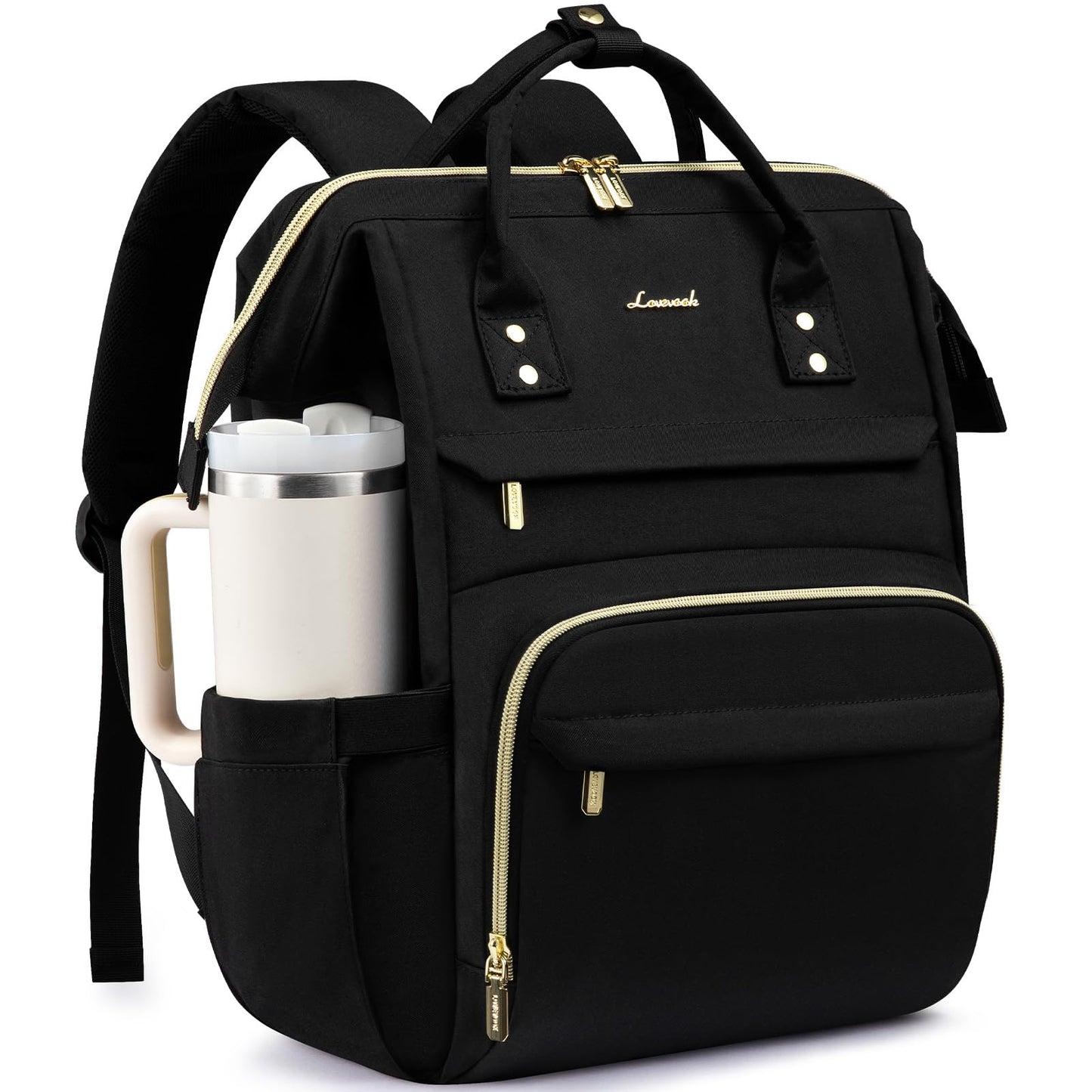 LOVEVOOK Laptop Backpack for Women with Giant Tumbler Holder Pocket,18 inch Waterproof Travel Backpack Purse Computer Laptop Bag,Professional Work College Nurse Teacher Backpack Casual Daypack,Black