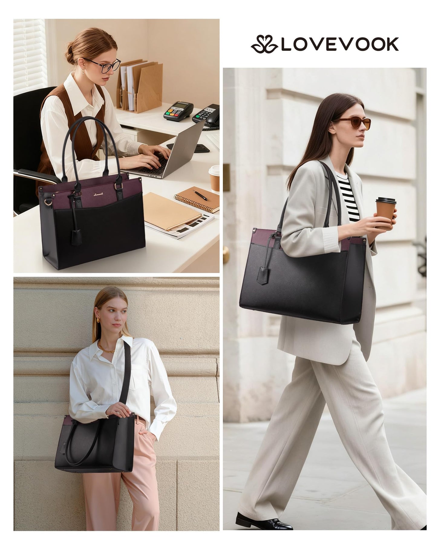LOVEVOOK 15.6 inch Laptop Bag for Women, 2-in-1 Multi-Pocket Leather Tote Purse with Elegant Clutch & Cup Holder, Waterproof Large Structured Capacity Work Briefcase for Office Travel, Wine Red-Black
