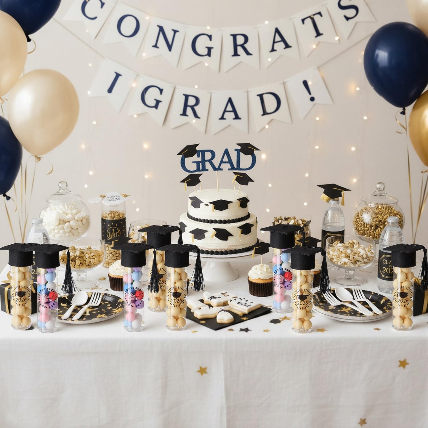 Teenyyou 50 Pcs Graduation Candy Tubes 2026 Graduation Party Favors Candy Boxes Plastic Grad Cap Jars Container with Tassels and Stickers for DIY Grad Table Party Favors (Black)