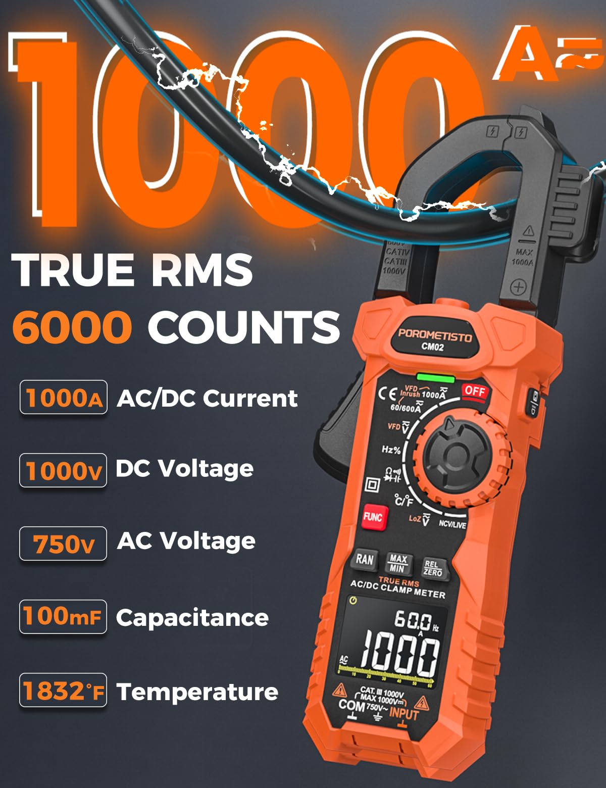 Clamp Meter POROMETISTO Digital Inrush Clamp Multimeter 1000A TRMS 6000 Counts, Amp Voltage Tester with VFD, LOZ Mode，Measures AC/DC Current Voltage NCV Temperature Resistance Capacitance Frequency