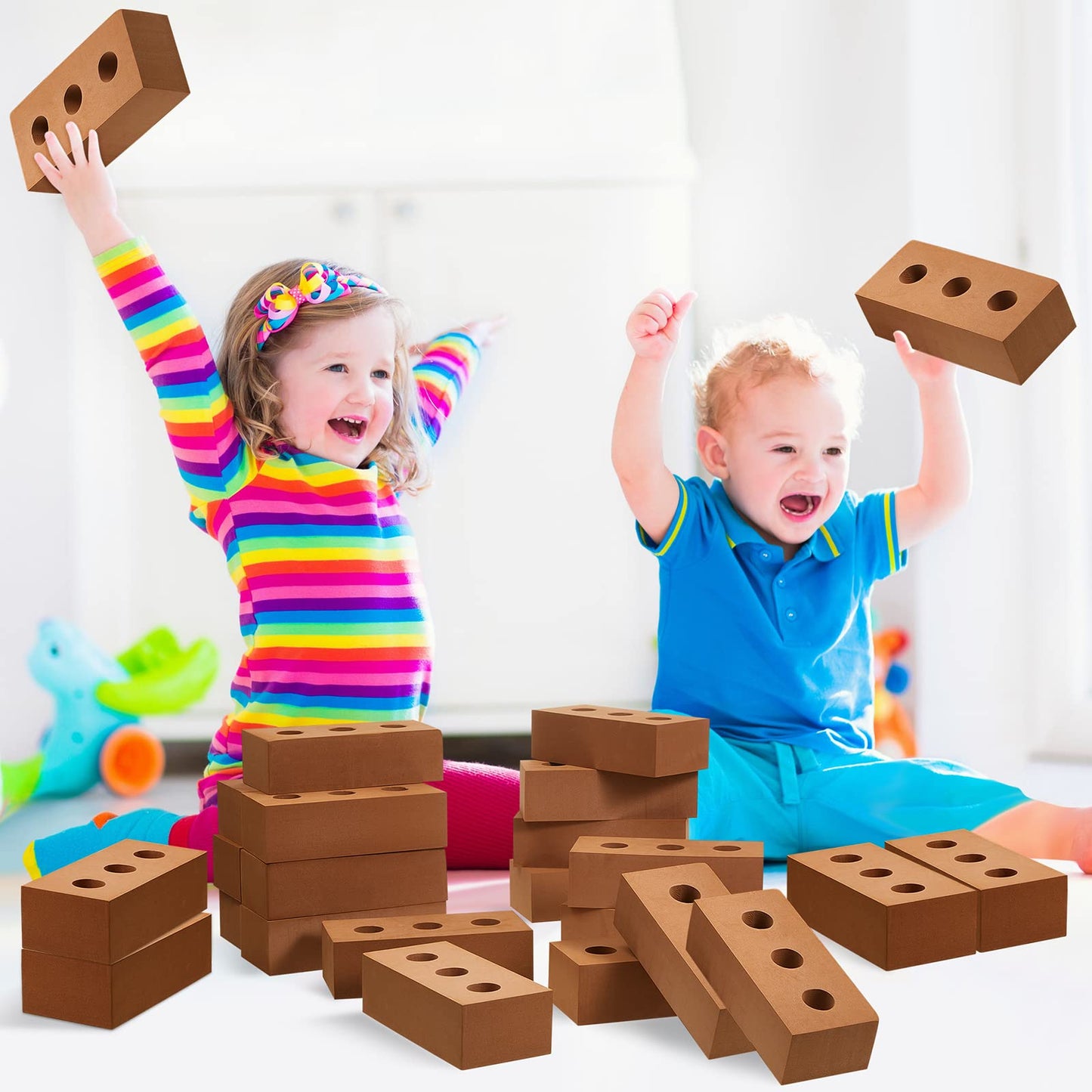 Deekin 30 Pcs Foam Brick Building Blocks for Kids Thick Blocks Foam Large Fake Brick Construction Toy for Stacking Construction, 8 x 4 x 2.4 in(Circle Holes)