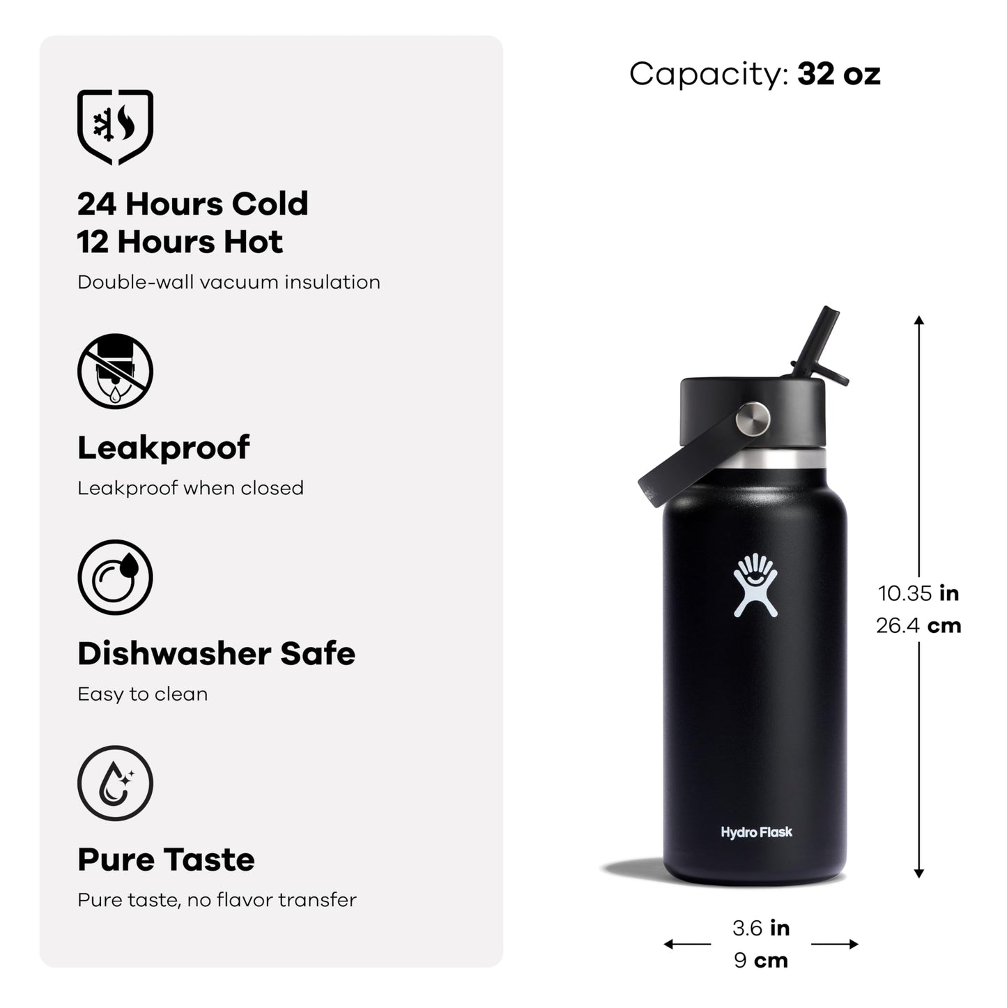 Hydro Flask Water Bottle - Insulated Stainless Steel - Wide Flex Straw Lid, Non Spill, Leakproof and Refillable in 32 Oz Dew