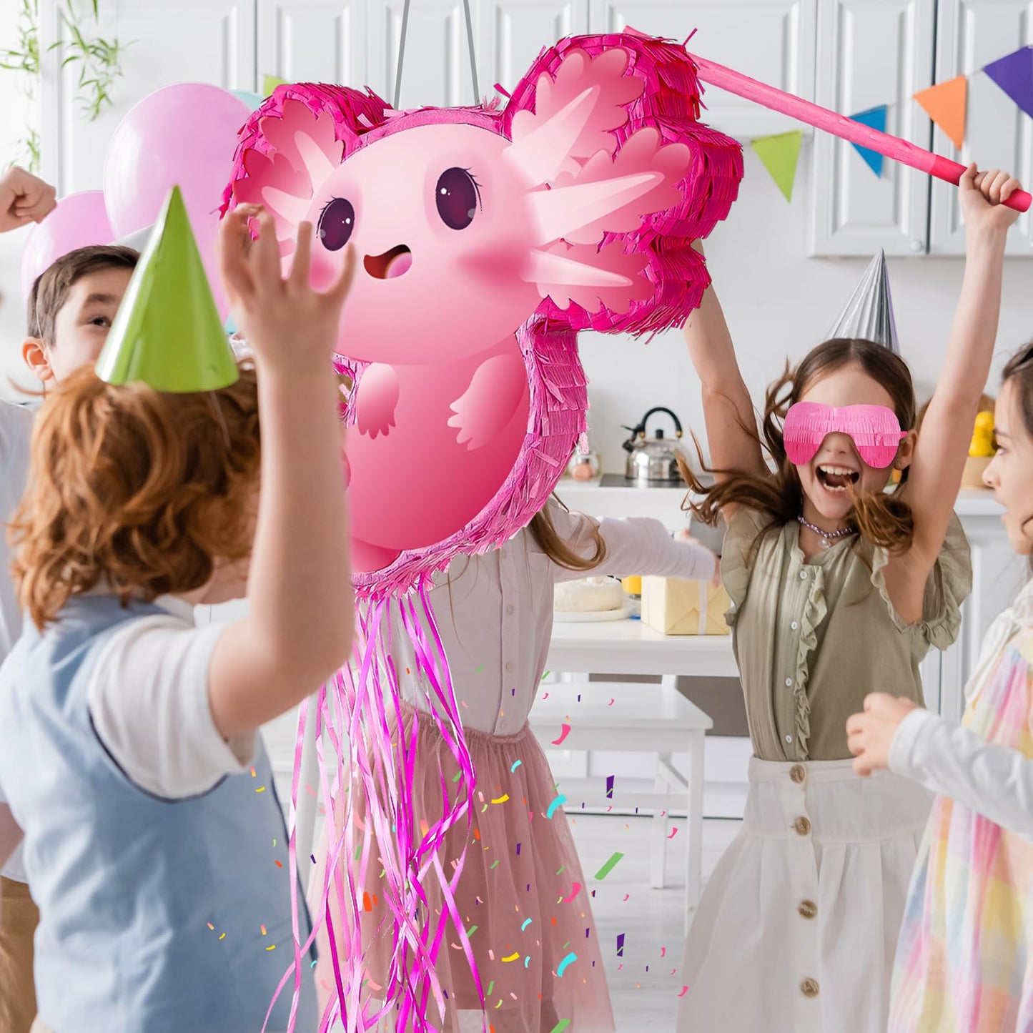 Seematn Axolotl Piñata Birthday Party Supplies Animals Piñata with a Blindfold, Bat and Confetti for Axolotl Party Favor Kid Girl Birthday Baby Shower Supplies, 15. 75 x 12. 2 x 2. 95 Inch