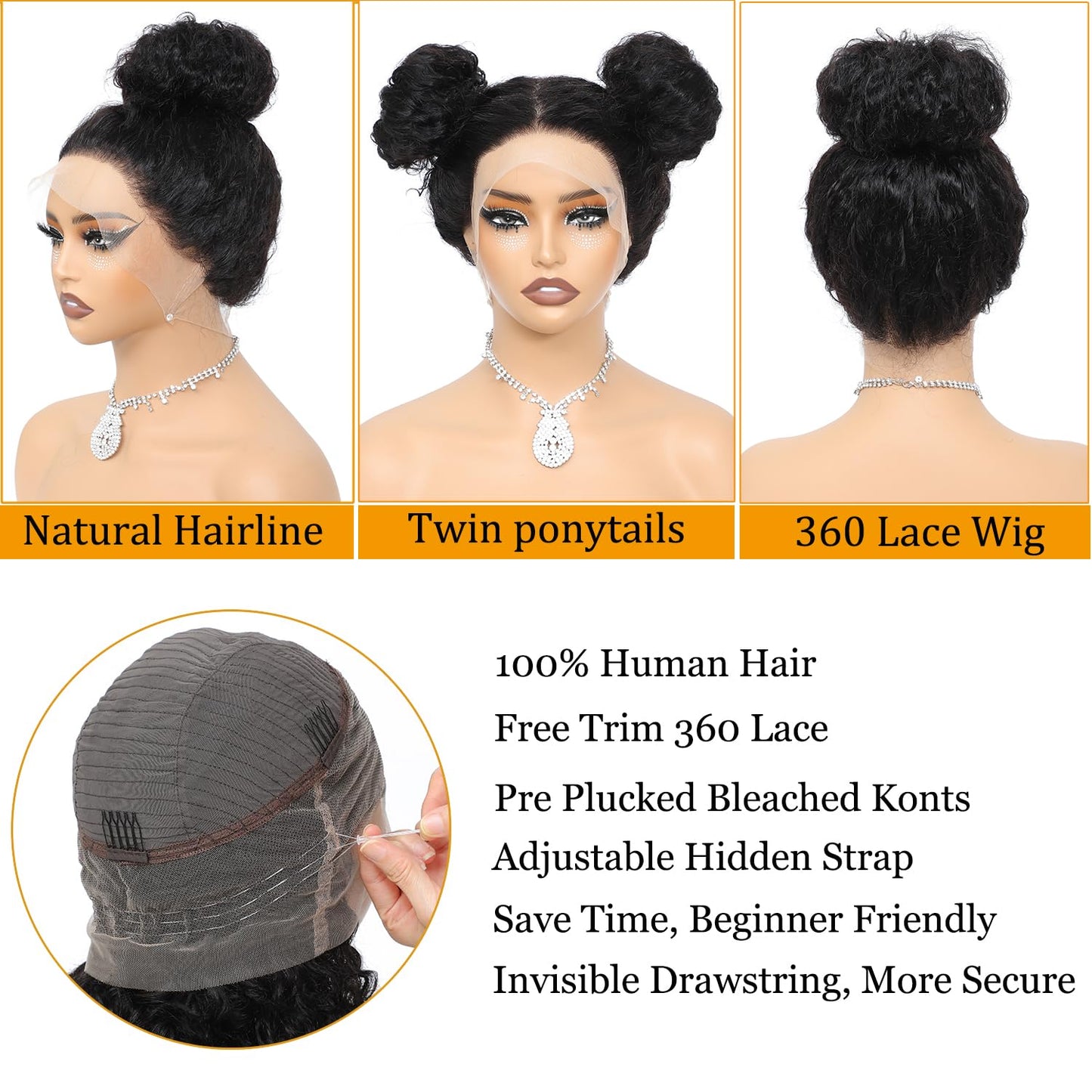 360 Lace Front Wigs Human Hair Deep Wave Full Lace Human Hair Wigs Upgraded 360 Drawstring Wig Human Hair Pre Plucked Hidden Strap 360 HD Full Lace Wigs For Black Women（18 Inch）
