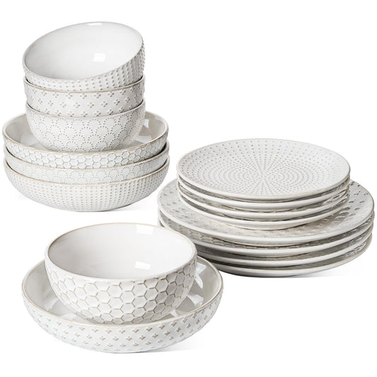LE TAUCI Dinnerware Sets 16 PCS, Ceramic Plates and Bowls Set, Suit For House Warming Wedding, Serve for 4 (10" Dinner Plates + 8" Salad Dish + 22 oz Cereal Bowl+32 oz Pasta Bowls) x 4, Arctic White