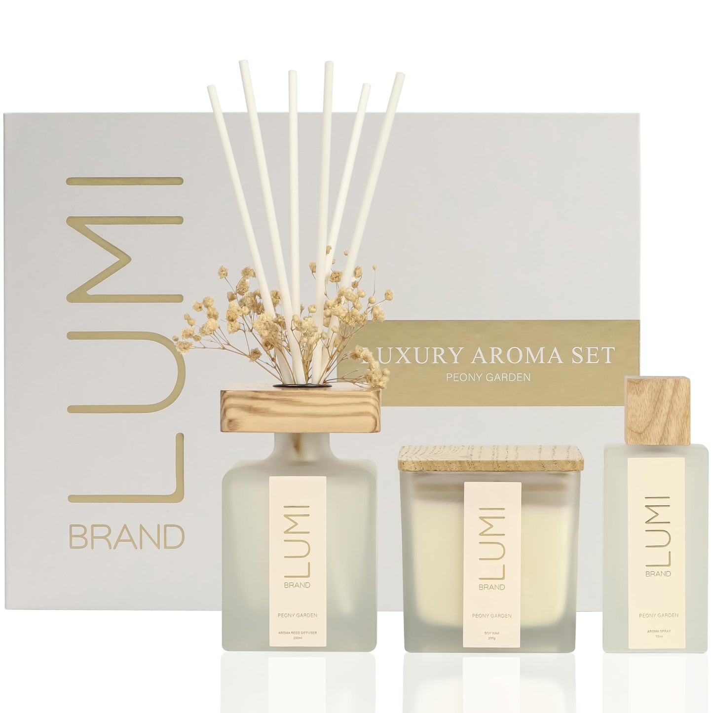 Luxury Aroma Gift Set | Peony Garden - Reed Diffuser (200ml), Wood Wick Soy Candle (200g), Room Spray (50ml) | Includes Dried Flowers & 8 Reeds | Luxurious Home Fragrance for Home Décor & Gifts