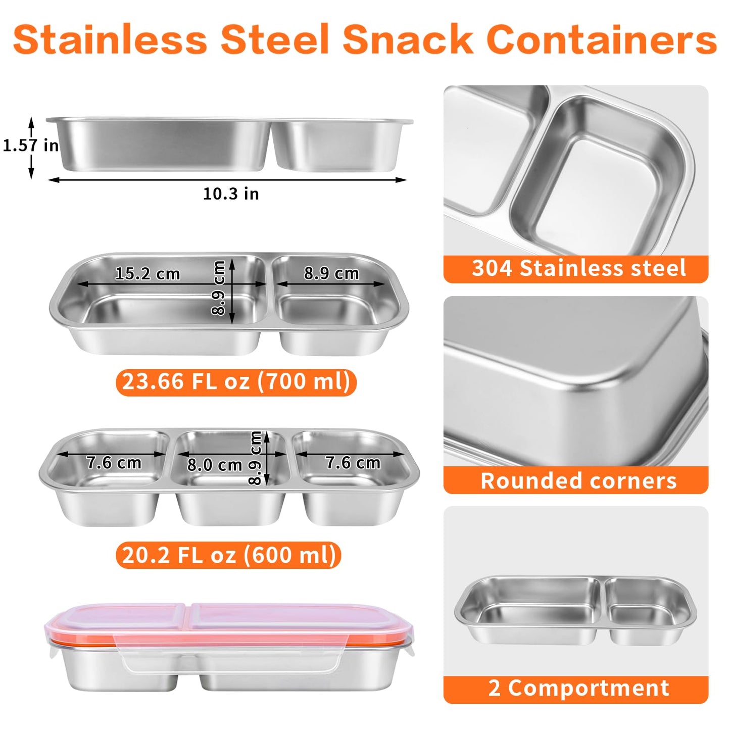 YJSLICT 4 Pack Stainless Steel Snack Containers with Lids, 3 Compartments Reusable Snack Box for Adults, Food Storage Metal Containers Divided Meal Prep Box for Home, Work, Travel