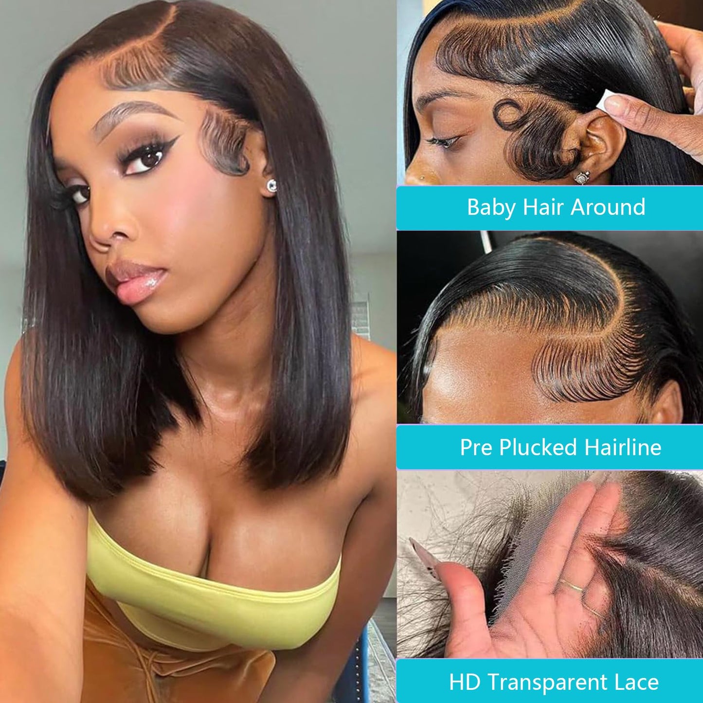 10Inch Bob Wig Human Hair 180 Density 13x4 HD Lace Frontal Short Straight Bob Wigs Human Hair Pre Plucked with Baby Hair Straight Bob Frontal Wigs For Women