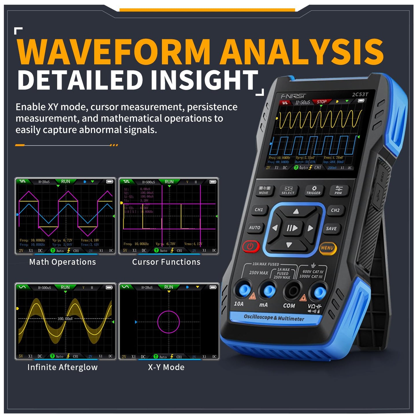2C53T 3-in-1 handheld oscilloscope multimeter DDS generator, 2 channel, 50MHz bandwidth, 250MSa/s sampling rate, 20,000 calculations, voltage, current, capacitance, resistance, 2* P6100 probes