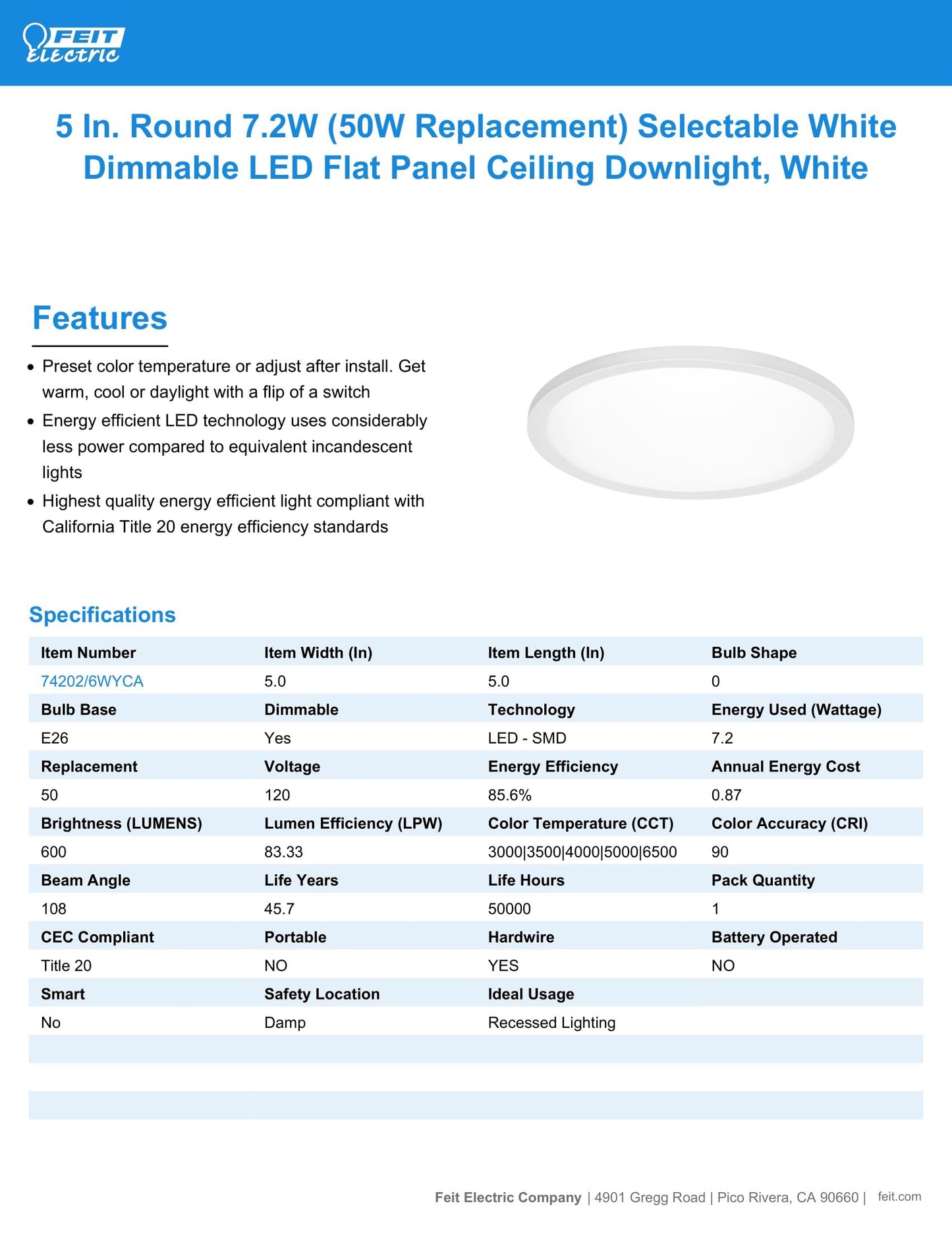 Feit Electric 4 Inch LED Ceiling Downlight, Dimmable Flat Panel Ceiling Light with Color Selection (5CCT), Fits Most 4 Inch Recessed Cans, TP24 Adapter Included (5"x 5"x 0.5"), 4 Pack, 74202/6WYCA/4