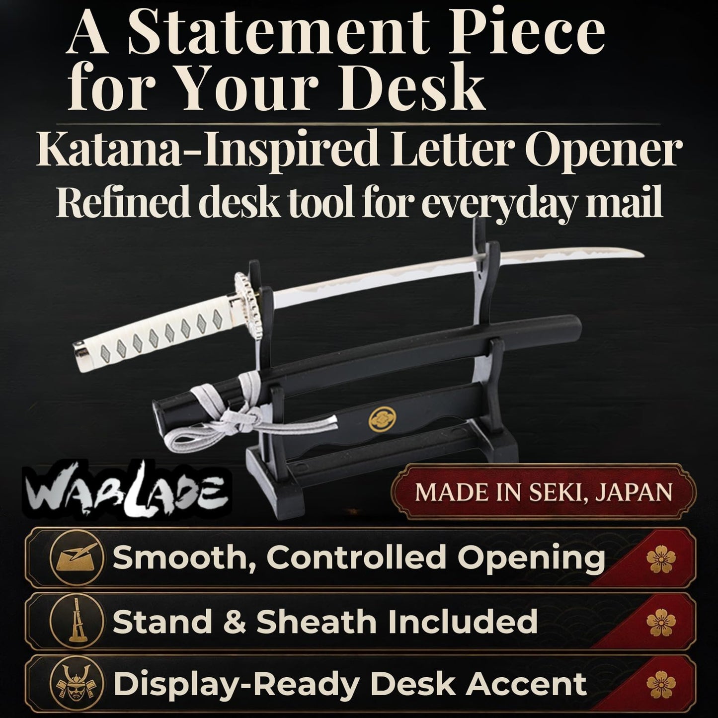 Wablade Katana Letter Opener with Stand 8.27 Inch, Japanese Samurai Mail Opener, Made in Seki Japan, Mini Katana Desk Decor, Gift for Men, Office Desk Accessory (Okita Souji)