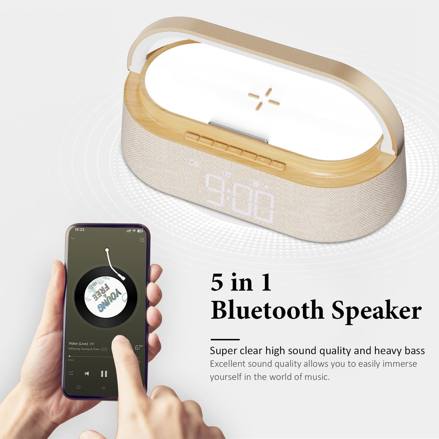 FREEFISH Bluetooth Speaker with Wireless Charger, FM Radio, Adjustable LED Night Light, Dual Wireless Speakers, Suitable for Home Decoration, Bedroom, Office, Gift（Wooden）