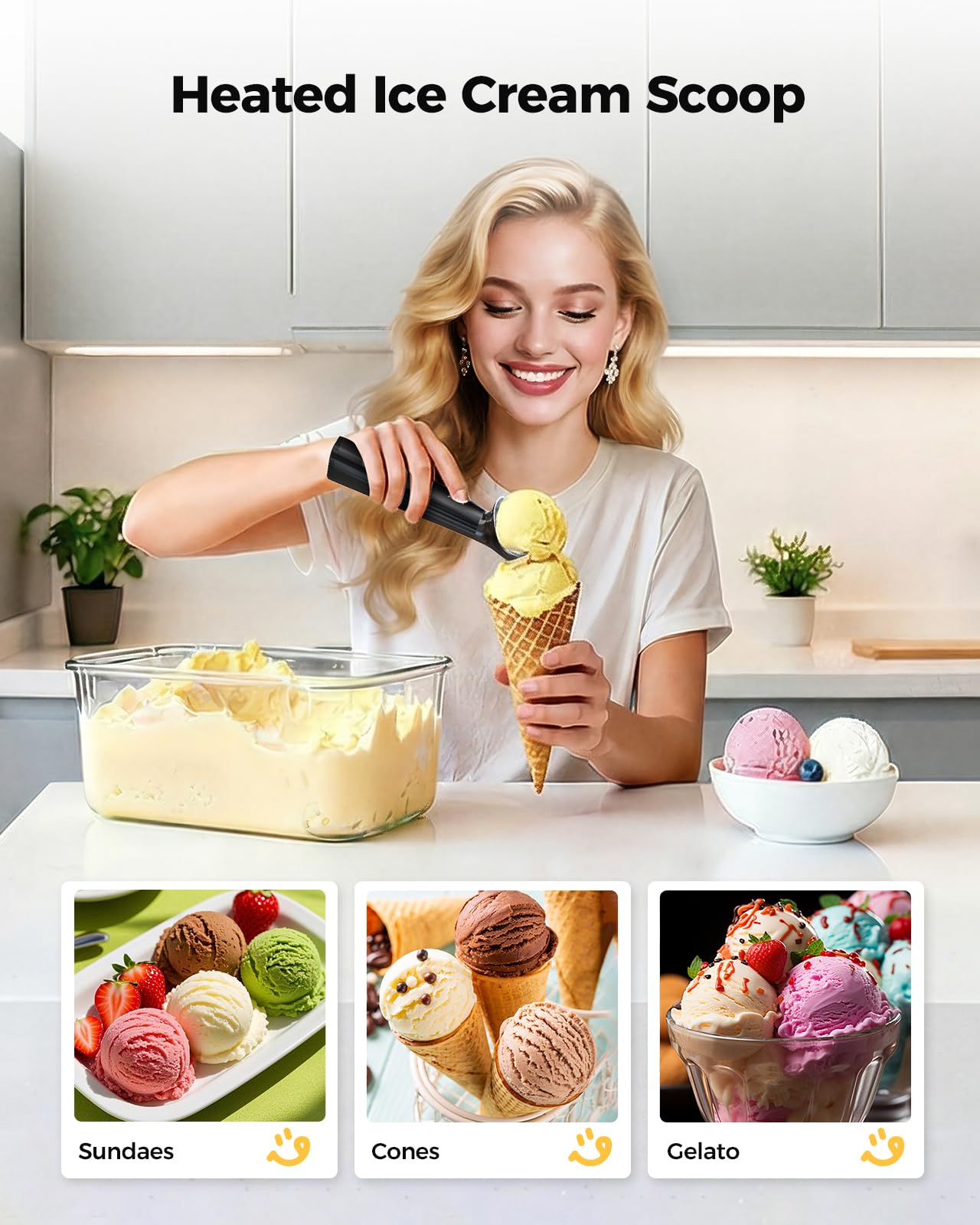 KYX Heated Ice Cream Scoop Rechargeable, Electric Ice Cream Scoop with 3-Level Heat 95-158°F, LED Display, IPX6 Waterproof, 3200mAh Battery, Easy Scoop for Hard Ice Cream, Gelato & Frozen Desserts