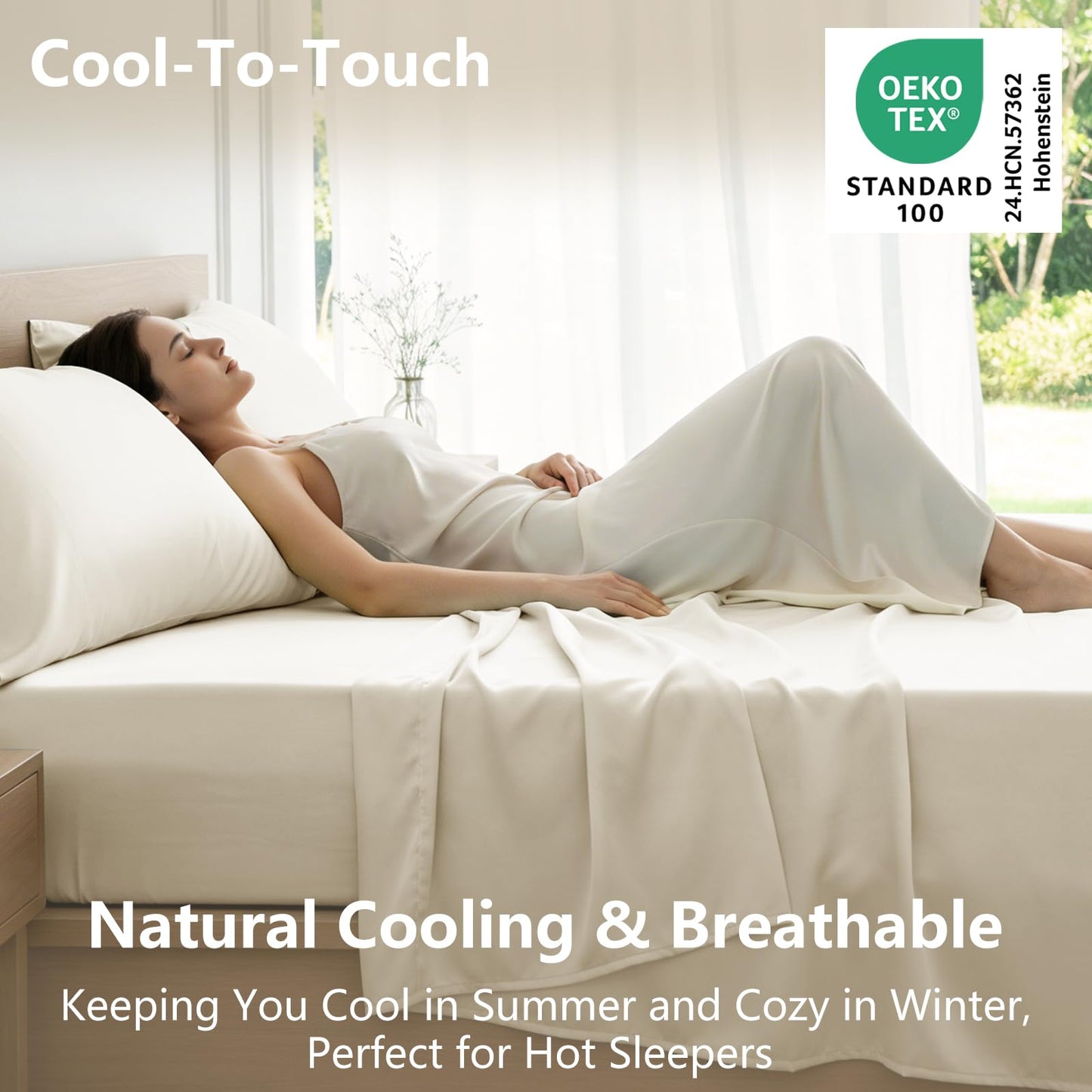 CozyLux King Size Sheets Set, Rayon Derived from Bamboo, Skin Friendly for Hot Sleepers, 16" Deep Pocket Cooling & Breathable All Season Bedding Set, Oeko-TEX Certified, Ivory