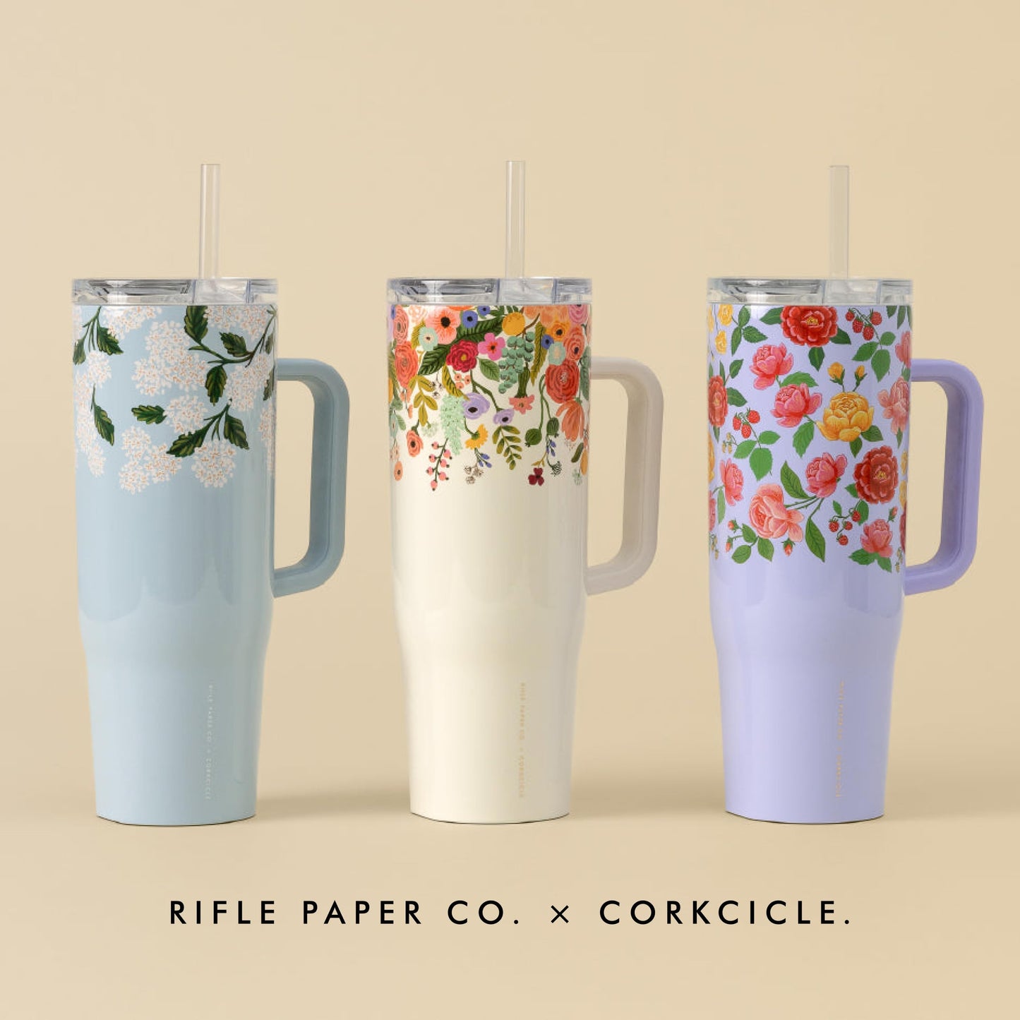 Corkcicle x Rifle Paper Co. Cruiser Insulated Tumbler with Handle & Straw - Keeps Drinks Cold 20 Hours - BPA-Free - 40 oz - Gift for Mom - Great for Mother's Day or Christmas - Gloss Blue Hydrangea