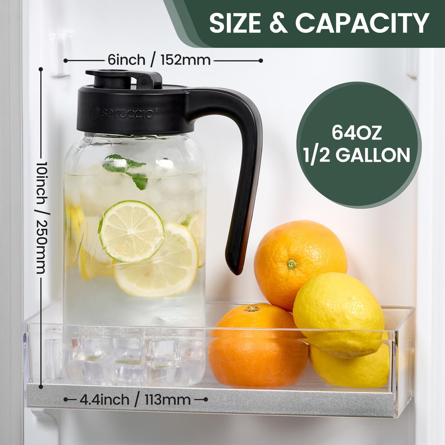 Spreccio Mason Jar Pitcher - Airtight & Leakproof Glass Pitcher with Lid, Perfect for Breastmilk, Cold Brew, and Sun Tea, 2 Quart (64 oz) Mason Jar with Pour Spout Lid