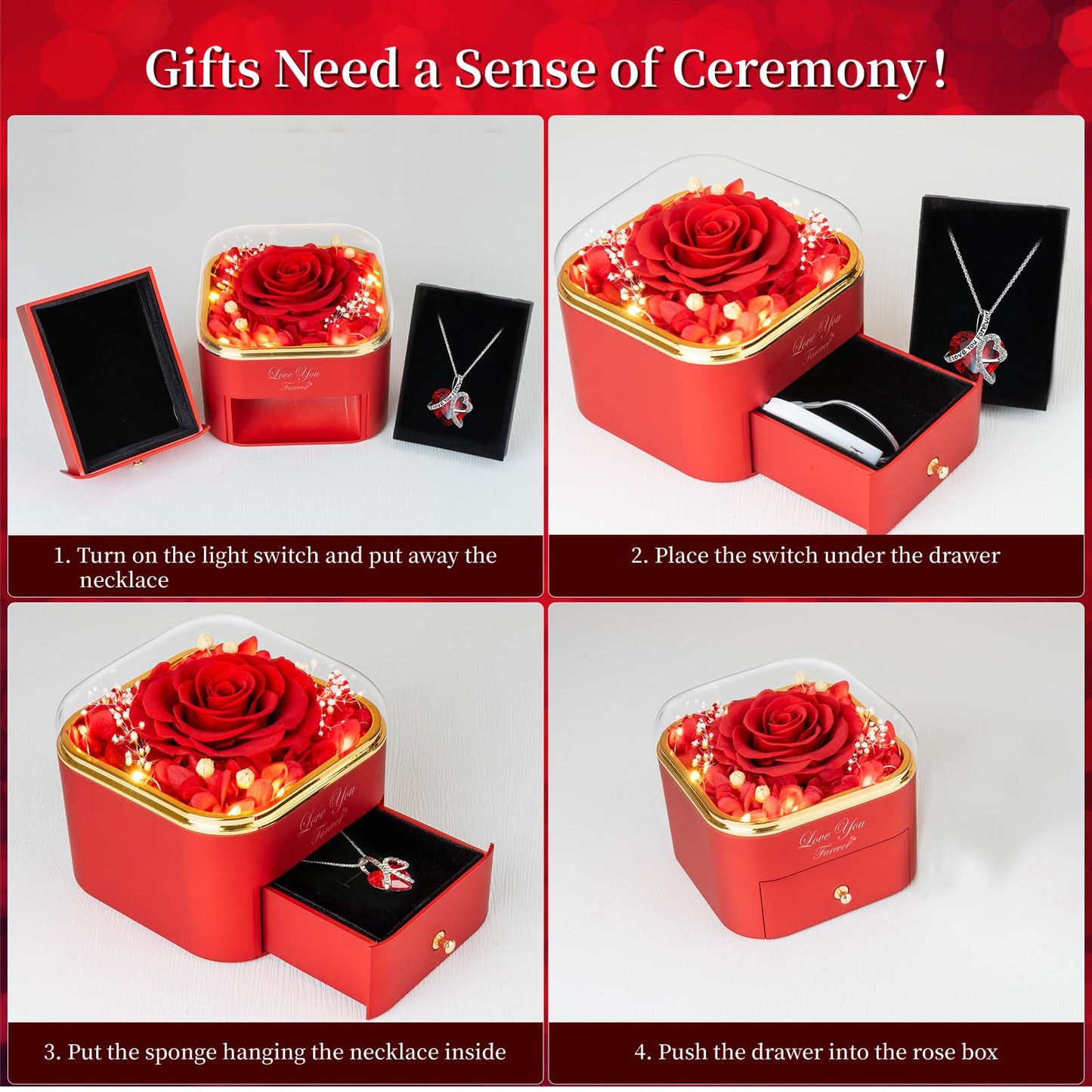 Lebana Preserved Red Real Rose with Heart Necklace for Mom Her Women Wife Girlfriend Grandma Gifts Idea on Christmas Valentines Mothers Day Christmas Anniversary Romantic-Red