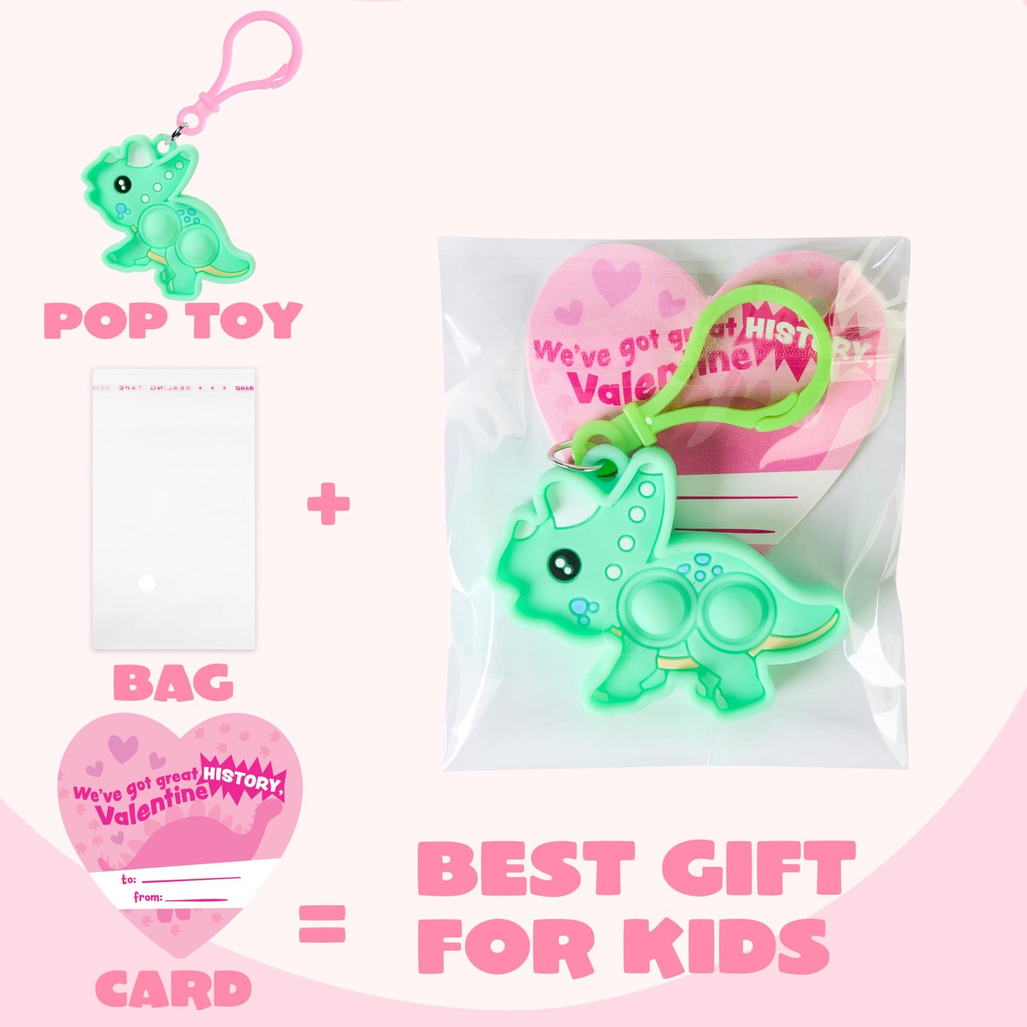 JOYIN 28 Packs Valentine's Day Gift Cards with Pop Keychain Toys, Dinosaur Stress Anxiety Relief Toys with Cards for Kids Valentine's Classroom Exchange Prizes Party Favors