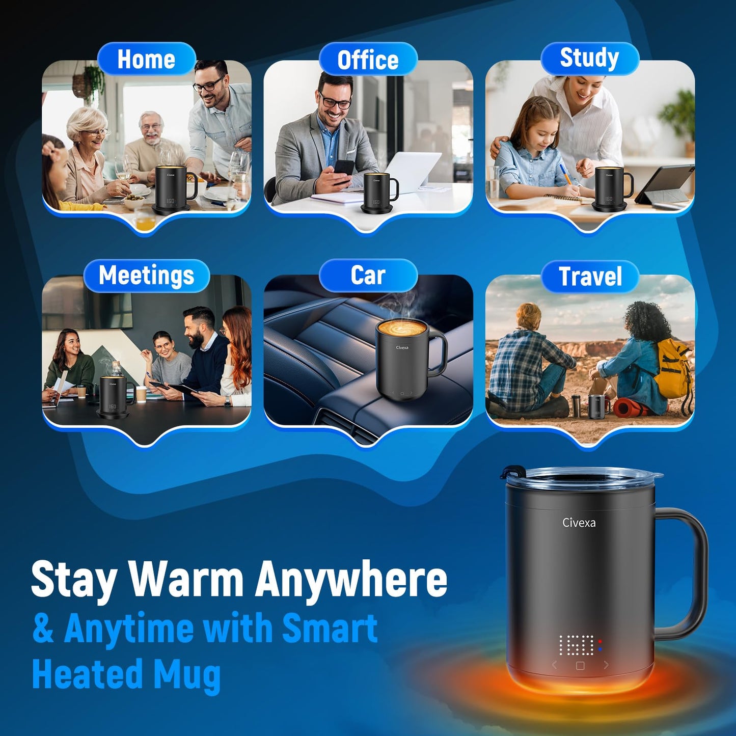 Civexa Rechargeable Self Heating Coffee Mug, Fast Heating & High Temperature, 14 Oz App-Controlled Heated Coffee Mug, 1F Precise Temperature Control Smart Mug Warmer for 150 Min Use