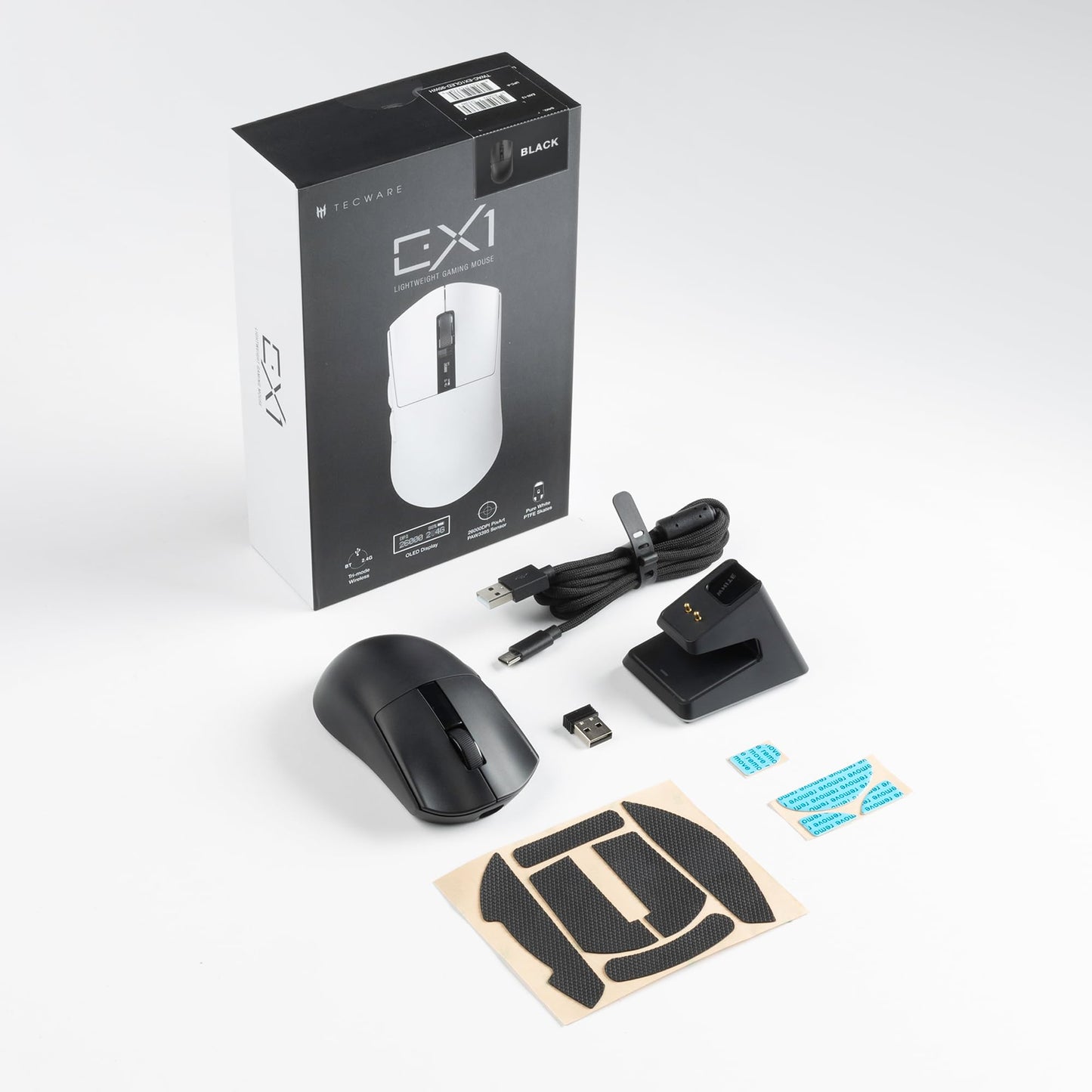 TECWARE EX1 Lightweight Gaming Mouse, 26K DPI Wireless Mouse, OLED Screen Display, 59g Lightweight, RGB Charging Dock, Tri-Mode Connectivity, Comes with PTFE Feet and Grip Tape, Gaming Mouse (Black)