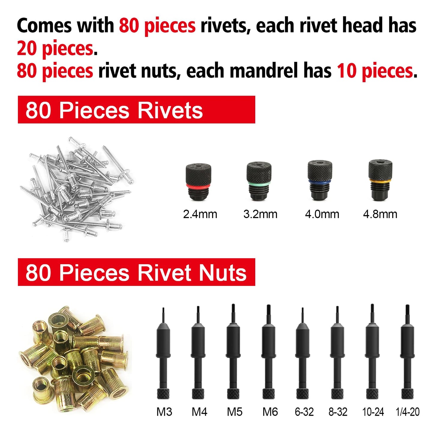 2 in 1 Rivet Nut Tool, Rivet Gun, 360° Swivel Head Multi-Application Tool with 4 Rivet Heads and 8 Metric & SAE Mandrels, Hand Riveter Tool with 80 Rivets and 80 Rivet Nuts, Designed for Tight Space