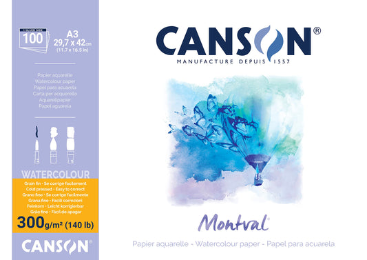 Canson Montval 300gsm Watercolour Practice Paper pad Including 100 Sheets, Size:A3, Natural White and Cold Pressed (Not)