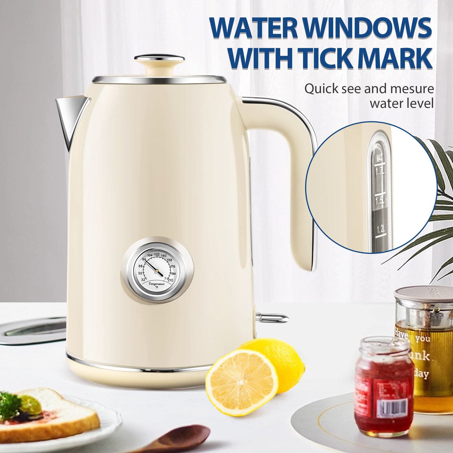 PUKOMC Electric Kettle, 1.7L Stainless Steel Tea Kettle with Temperature Gauge, 1500W Water Boiler with LED Light, BPA-Free, Auto Shut-Off and Boil-Dry Protection (Beige) Visit the Pukomc Store